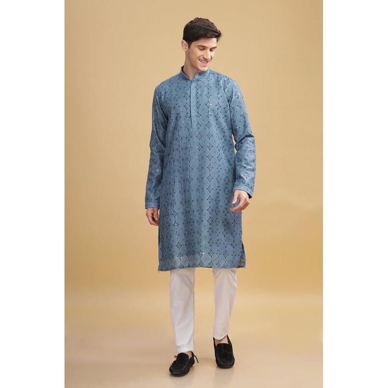Be Active Men's Traditional Embroidered Lucknowi Design Full Sleeves Kurta || Cotton Kurta For Men || Men Kurta For Wedding || Kurta For Men (Sk0801 3 M) Turquoise Blue