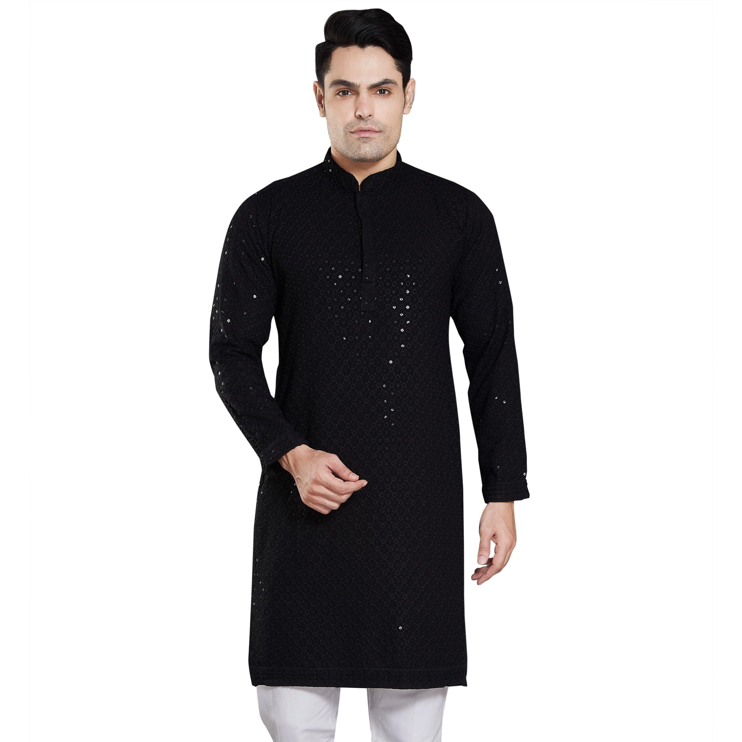 Divisive Men's Sequince Embroidered Cotton Blend Only Slim Fit Kurta (Dkrt15_Xxl_Black)