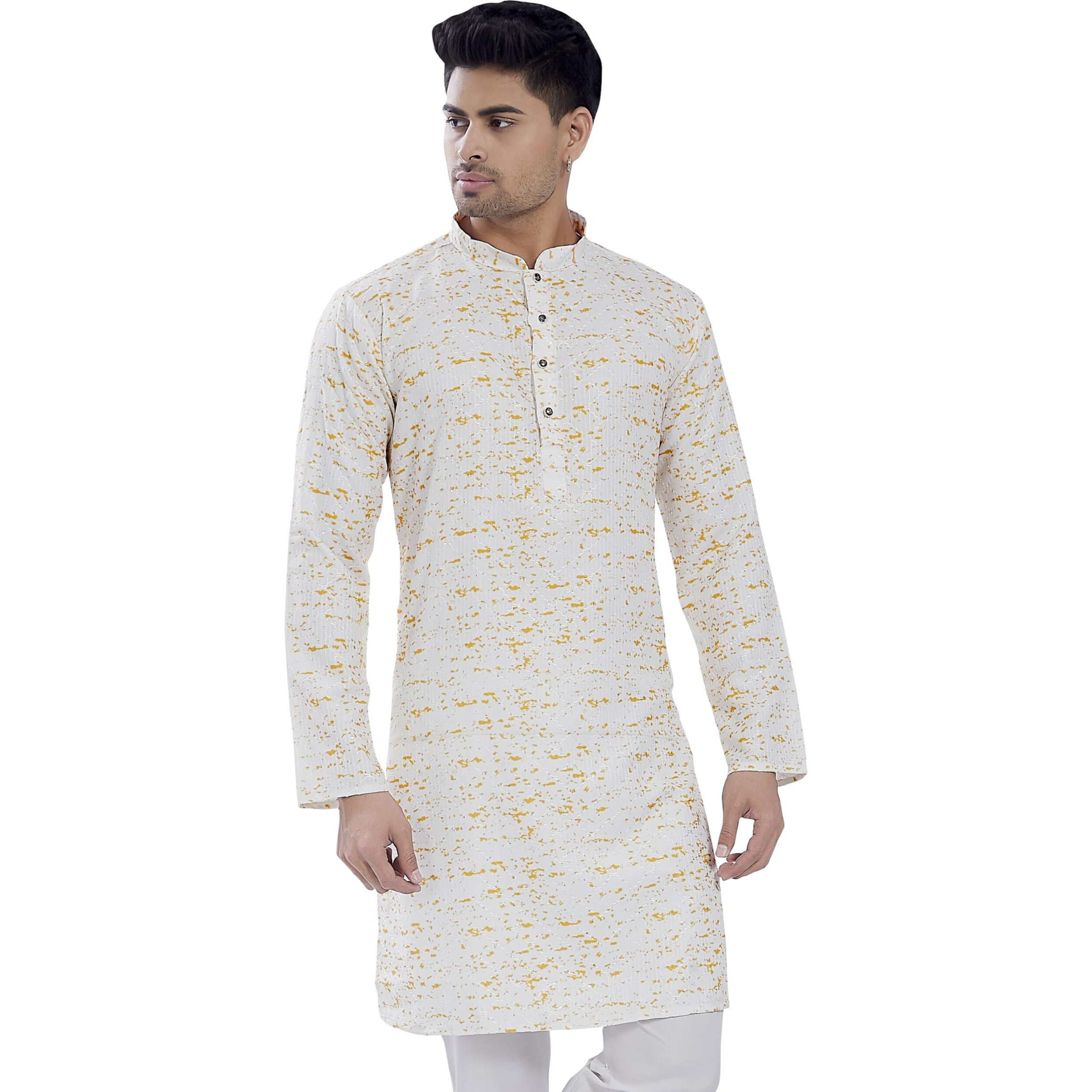 Divisive Men's Sequince Embroidered Printed Cotton Blend Only Slim Fit Kurta (Dkrt685_Xxl_White Yellow)