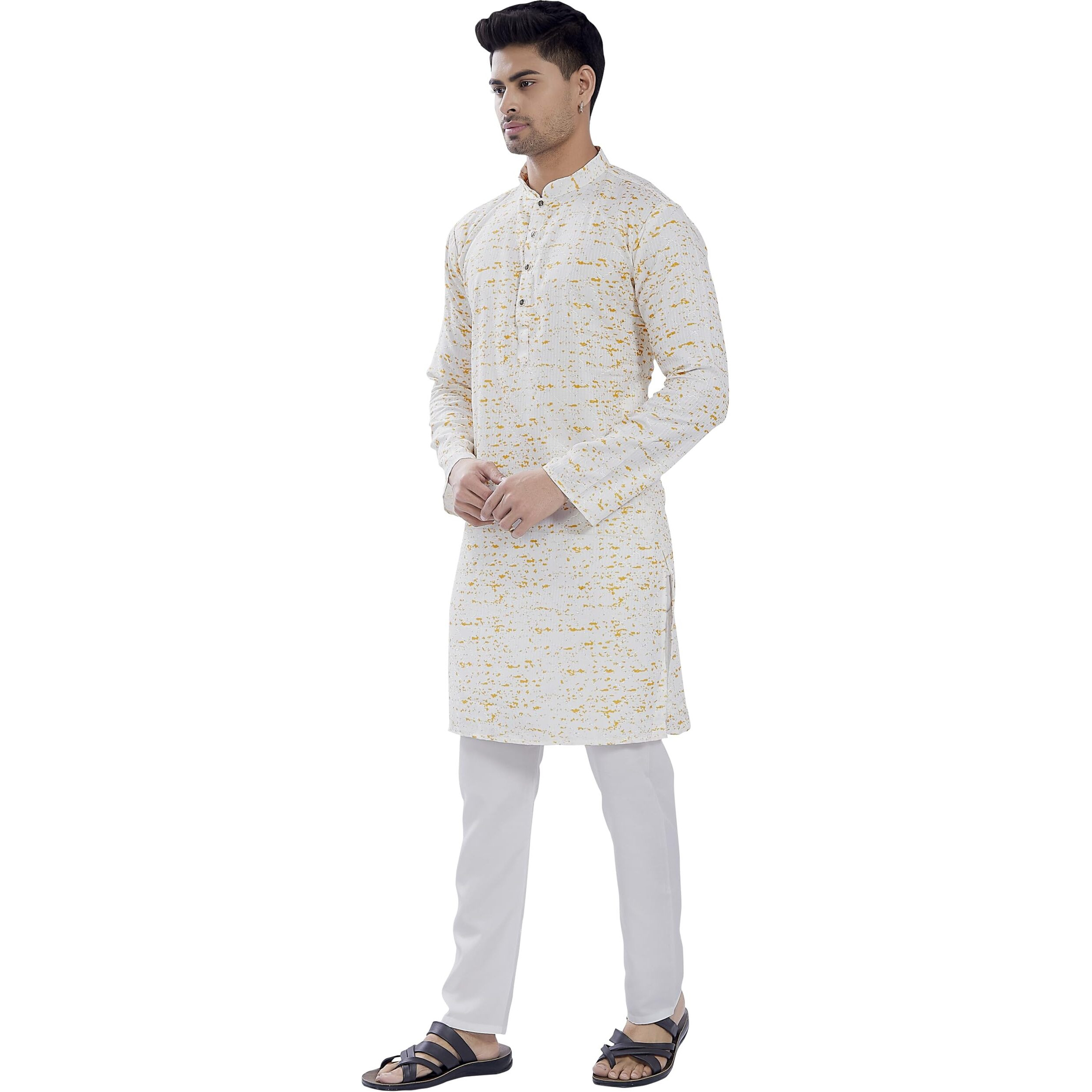Divisive Men's Sequince Embroidered Printed Cotton Blend Only Slim Fit Kurta (Dkrt685_Xxl_White Yellow)