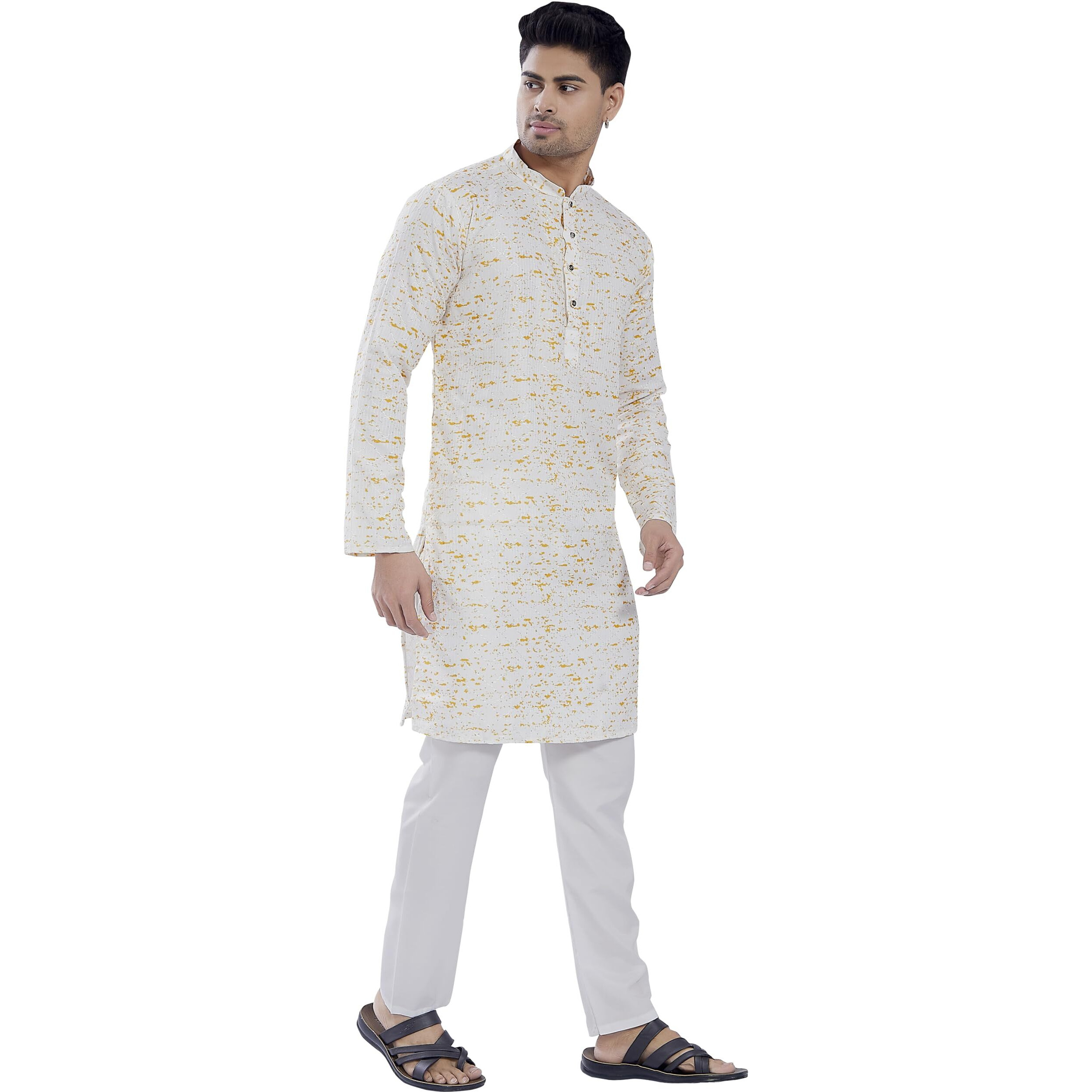 Divisive Men's Sequince Embroidered Printed Cotton Blend Only Slim Fit Kurta (Dkrt685_Xxl_White Yellow)