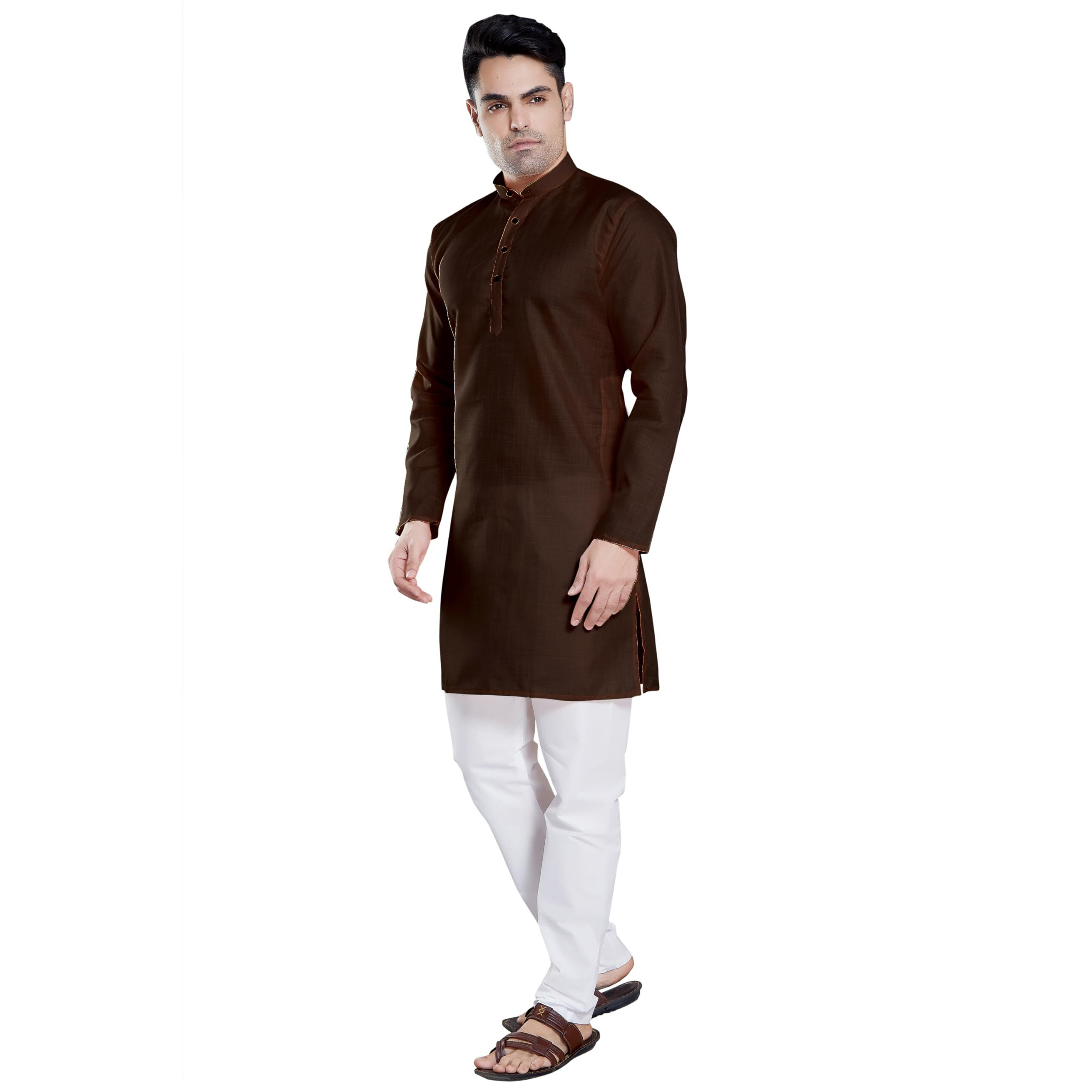 Divisive Men's Plain Cotton Blend Linen Slim Fit Kurta Pyjama Set (Dkrt51_M_Coffee)
