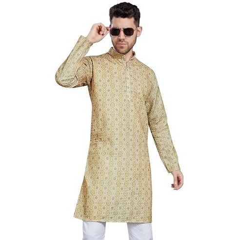 Divisive Men's Embroidered Printed Cotton Blend Only Slim Fit Kurta (Dkrt855_L_Yellow)
