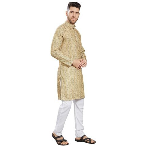 Divisive Men's Embroidered Printed Cotton Blend Only Slim Fit Kurta (Dkrt855_L_Yellow)