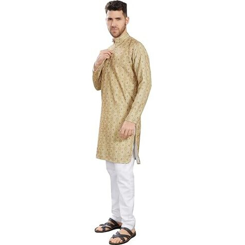 Divisive Men's Embroidered Printed Cotton Blend Only Slim Fit Kurta (Dkrt855_L_Yellow)