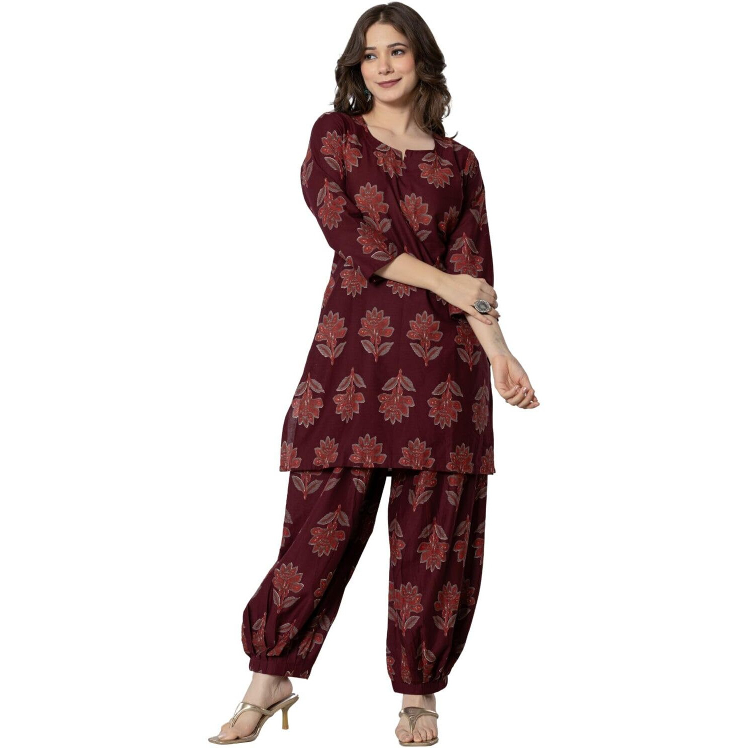 Rytras Women's Pure Cotton Printed Straight Kurta Set With Palazzo Pants - Ethnic Wear, Maroon(Ryt593,Xl)