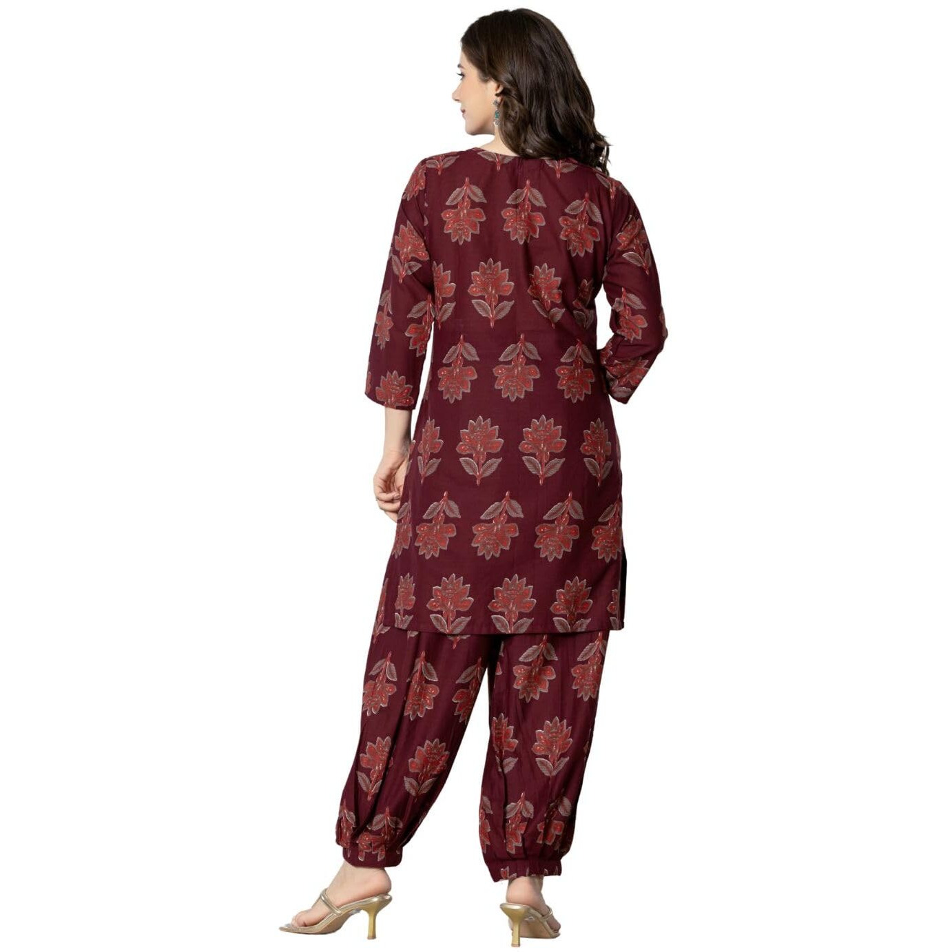 Rytras Women's Pure Cotton Printed Straight Kurta Set With Palazzo Pants - Ethnic Wear, Maroon(Ryt593,Xl)