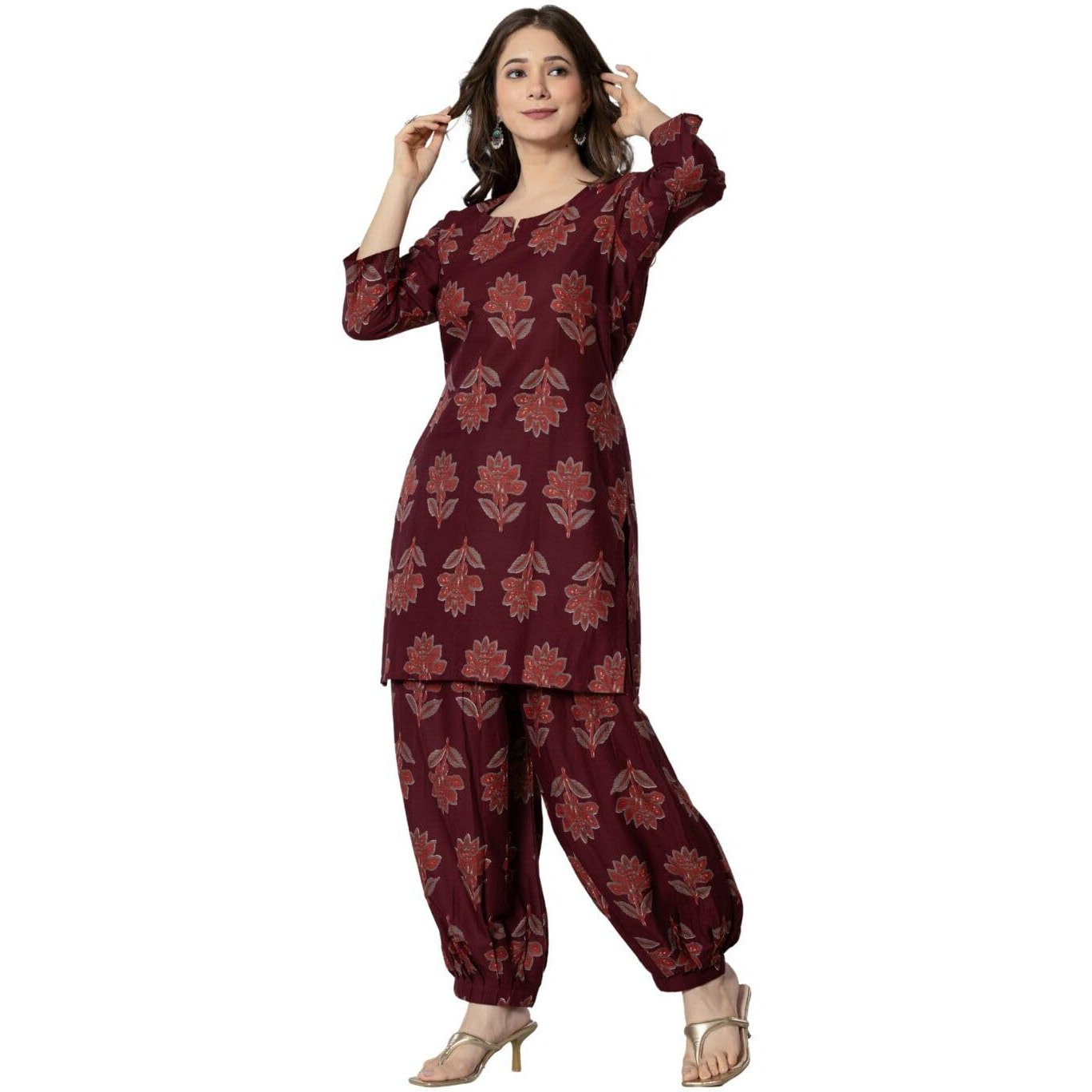 Rytras Women's Pure Cotton Printed Straight Kurta Set With Palazzo Pants - Ethnic Wear, Maroon(Ryt593,Xl)