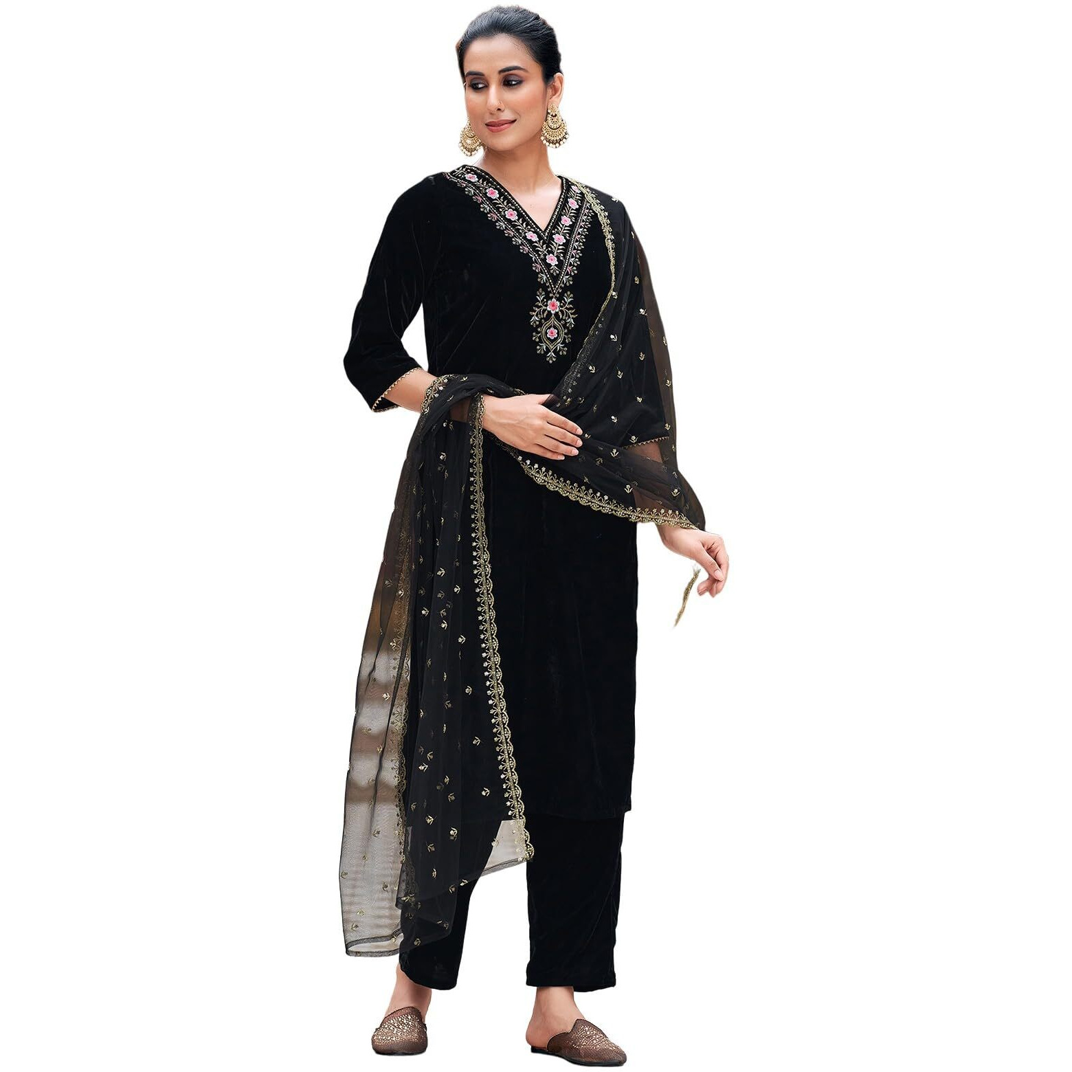 Sanisa Women's Velvet Sequins And Embroidery Work Straight Kurta With Pant And Dupatta Set (224Kbd2378N-S_Black)