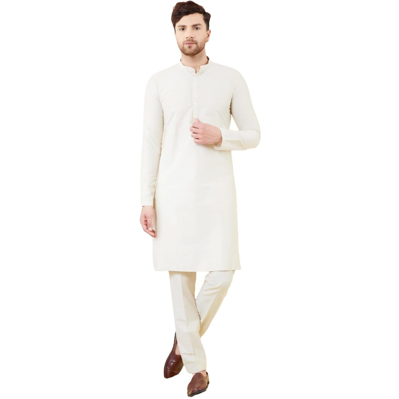 See Designs Men Full Sleeve Mandarin Collar Side Slit Cream Cotton Solid Straight Kurta With Matching Pyjama - Sdkt2475-21Xl