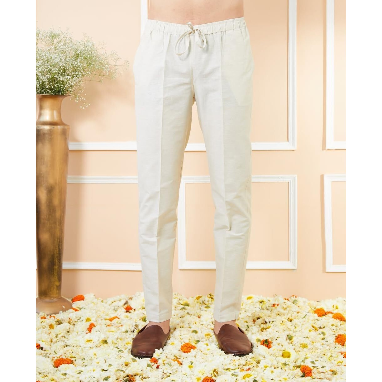 See Designs Men Full Sleeve Mandarin Collar Side Slit Cream Cotton Solid Straight Kurta With Matching Pyjama - Sdkt2475-21Xl