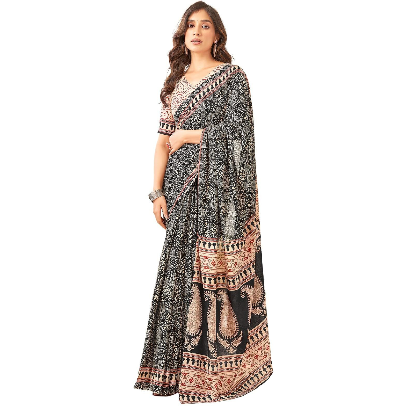 Satrani Women's Pure Cotton Printed Saree With Unstitched Blouse Piece (3885S379N_Black & Cream)