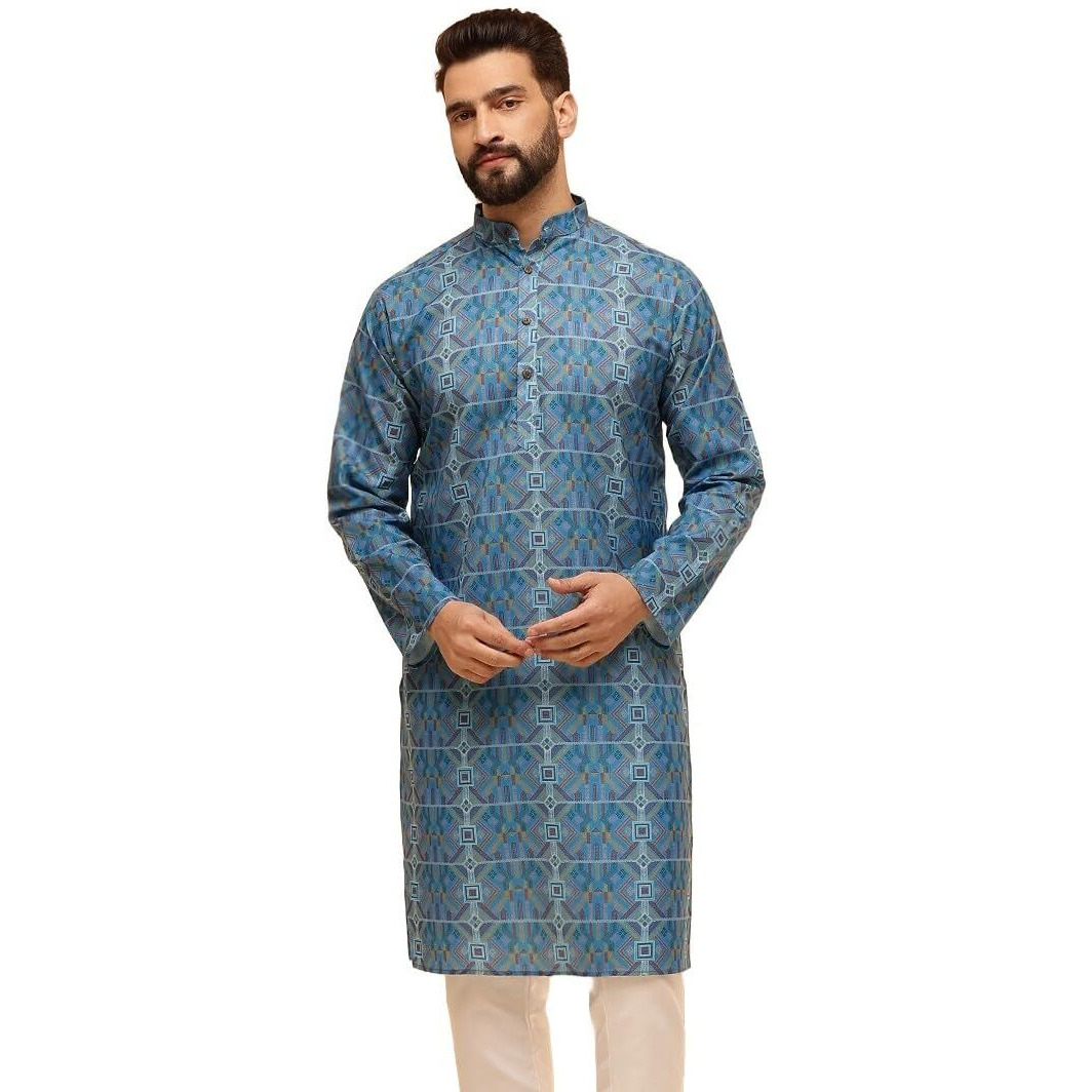 Sojanya (Since 1958 Men's Cotton Linen Geometric Printed Peacock Blue Only Long Kurta
