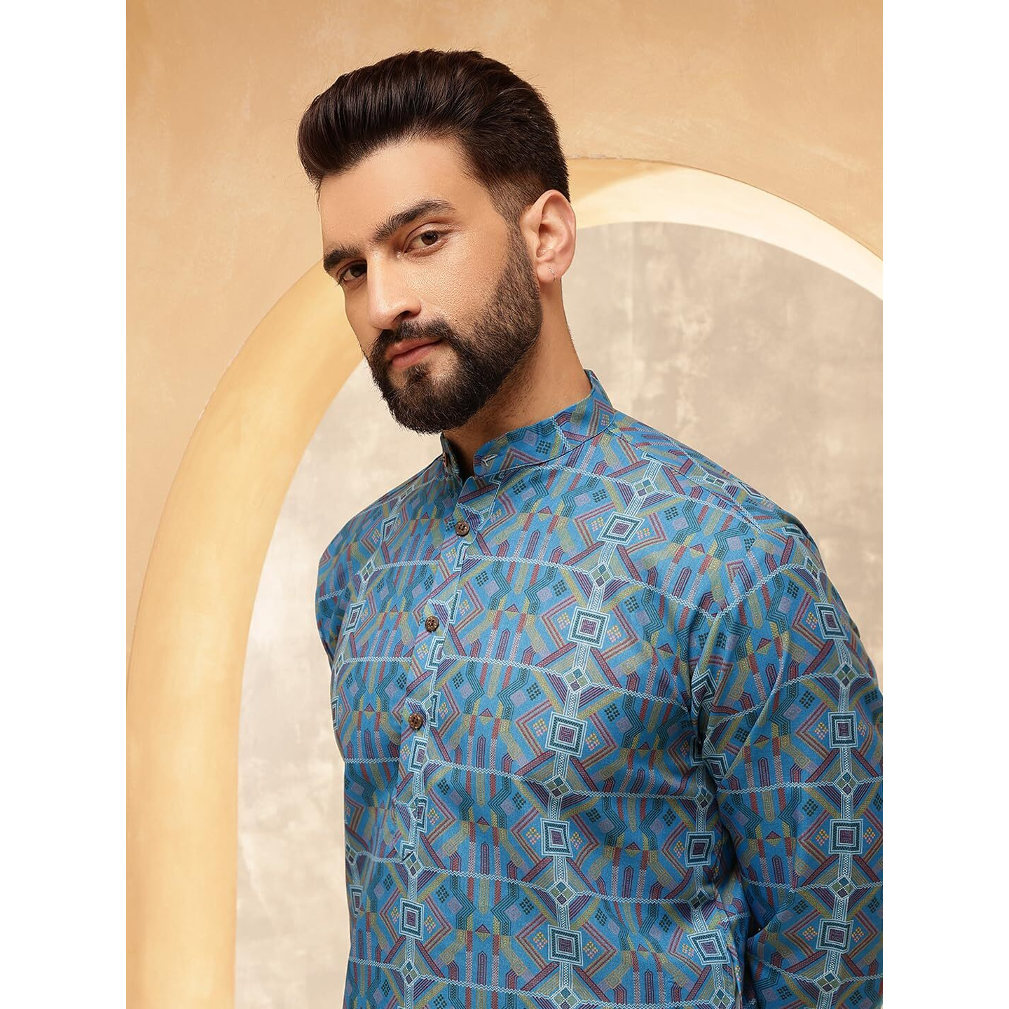 Sojanya (Since 1958 Men's Cotton Linen Geometric Printed Peacock Blue Only Long Kurta