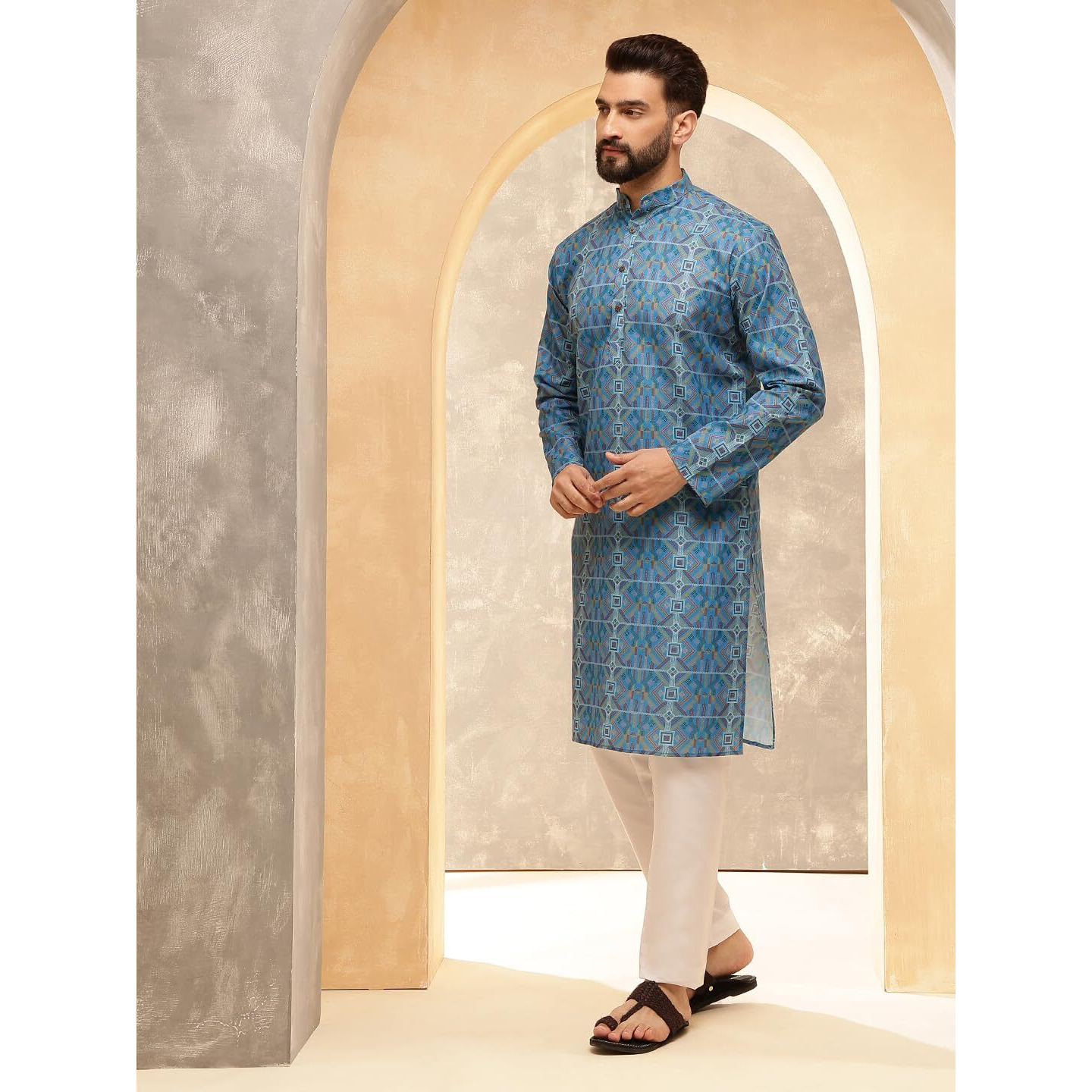 Sojanya (Since 1958 Men's Cotton Linen Geometric Printed Peacock Blue Only Long Kurta