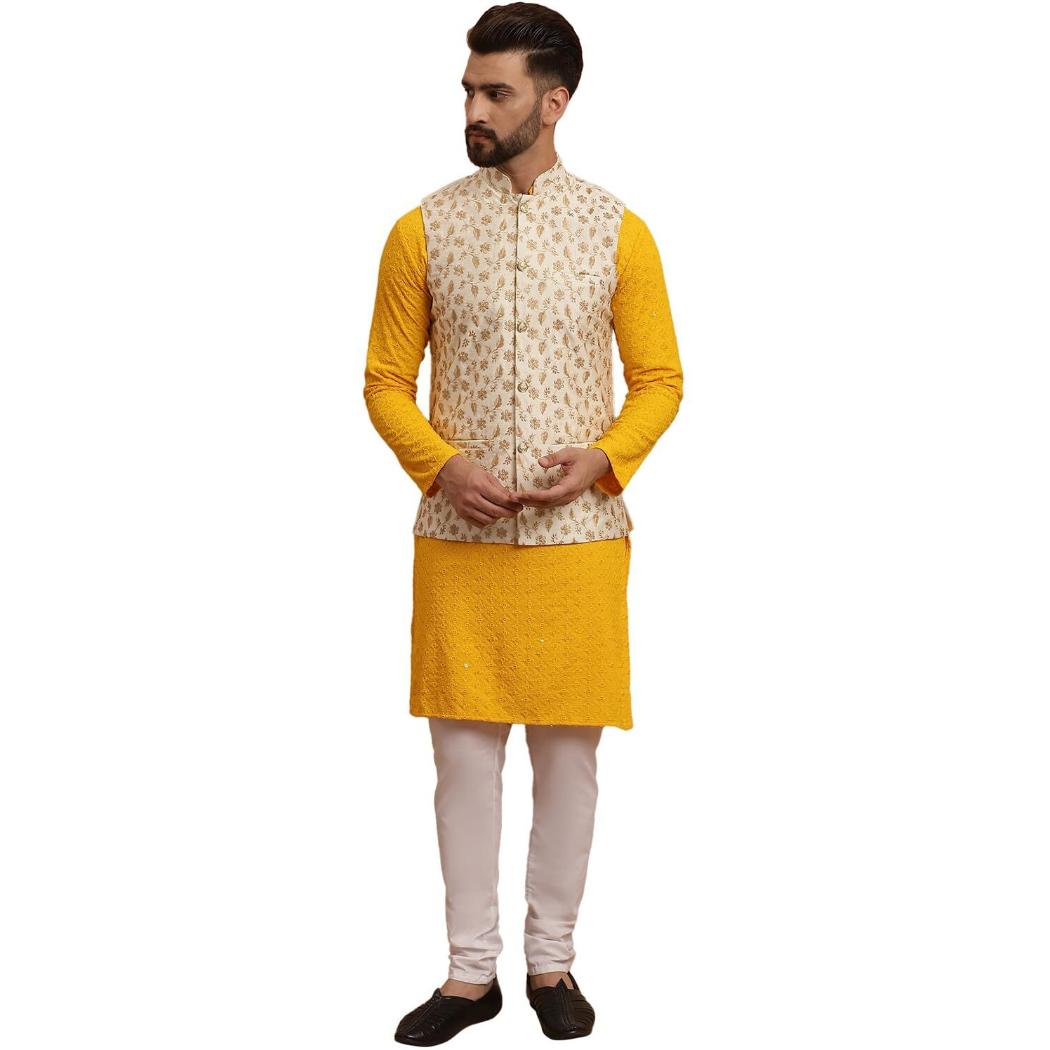 Sojanya (Since 1958 Men's Cotton Mustard Kurta And White Pyjama Cream Embroidery Nehru Jacket