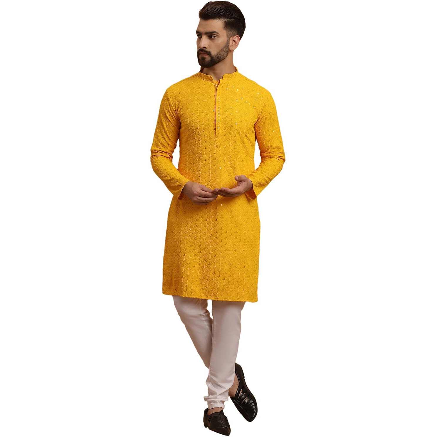 Sojanya (Since 1958 Men's Cotton Mustard Kurta And White Pyjama Cream Embroidery Nehru Jacket