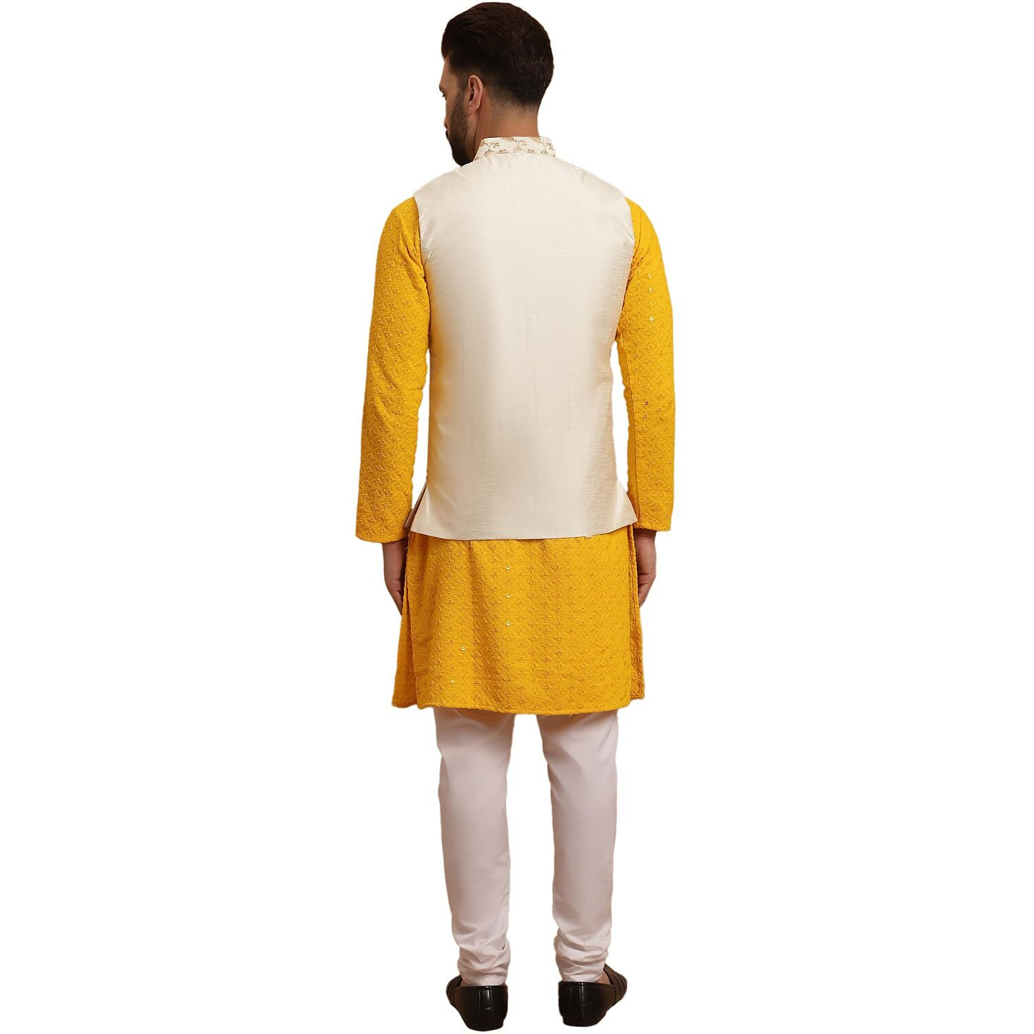 Sojanya (Since 1958 Men's Cotton Mustard Kurta And White Pyjama Cream Embroidery Nehru Jacket