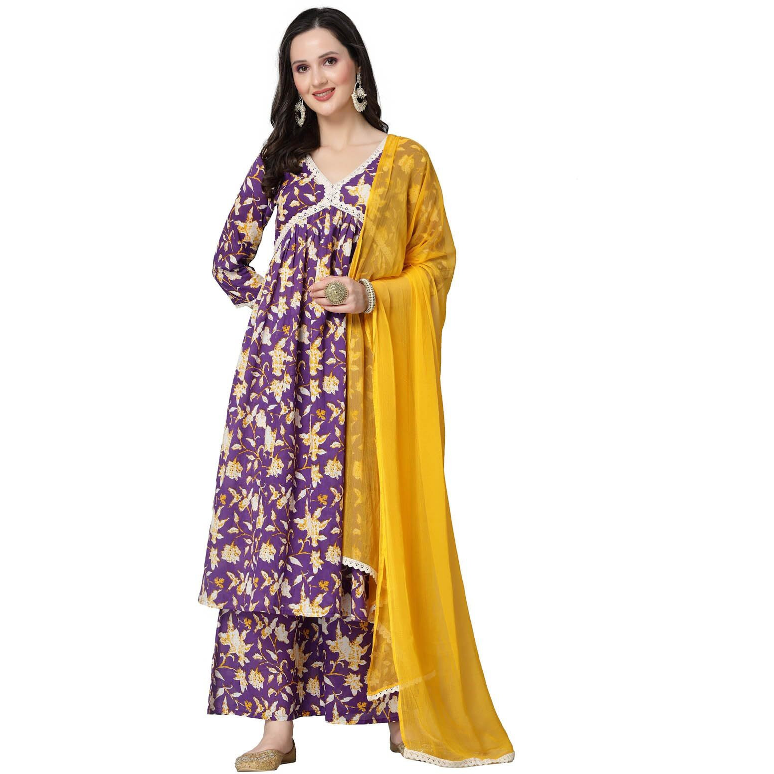 Stylum Women's Floral Printed Cotton Alia Cut Kurta Palazzo Dupatta Set (Kpdvoilzayla36_Voilet, S)