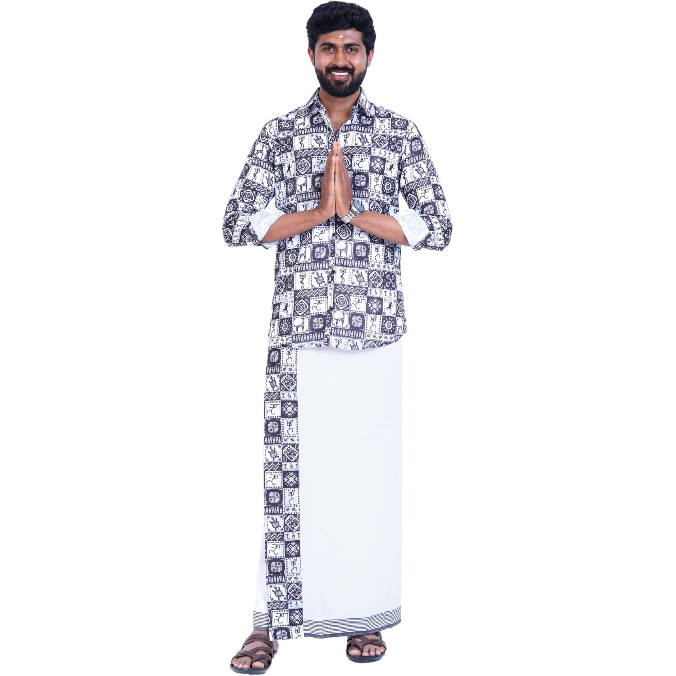 Prakasam Cotton Mens Colour Onam Special Printed Full Sleeve Slim Fit Multi Colour Shirt Matching With Border Single Dhoties For Mens