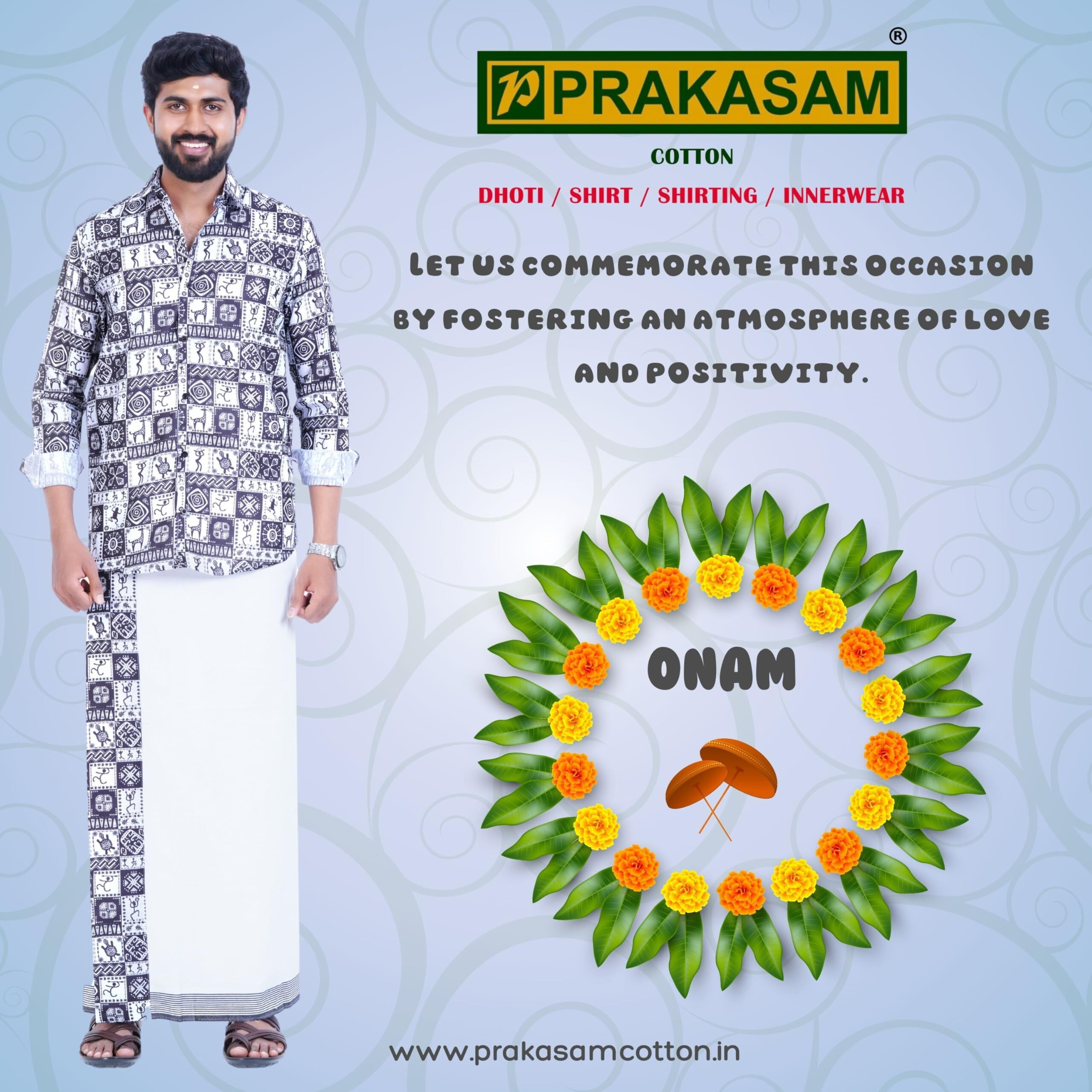 Prakasam Cotton Mens Colour Onam Special Printed Full Sleeve Slim Fit Multi Colour Shirt Matching With Border Single Dhoties For Mens
