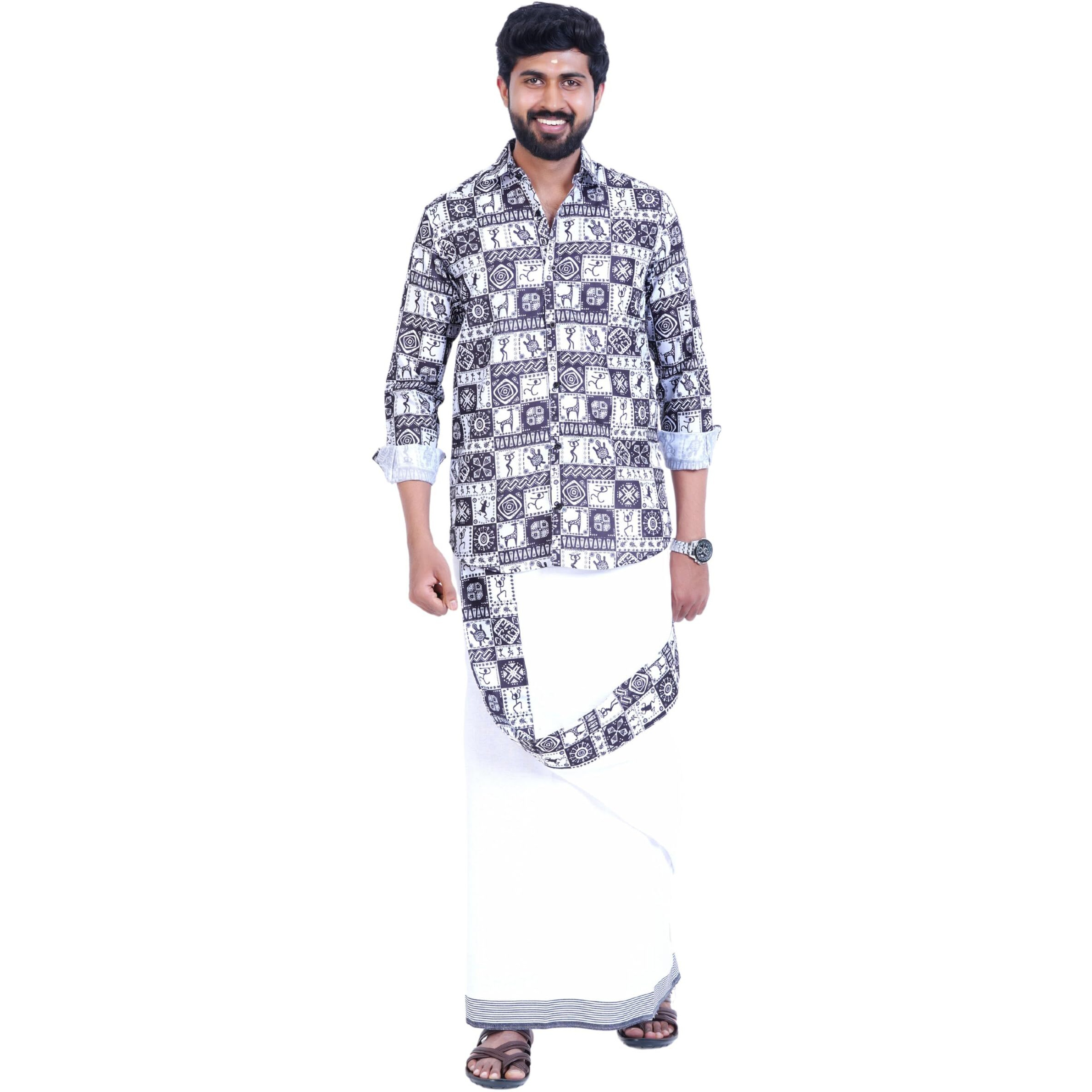 Prakasam Cotton Mens Colour Onam Special Printed Full Sleeve Slim Fit Multi Colour Shirt Matching With Border Single Dhoties For Mens