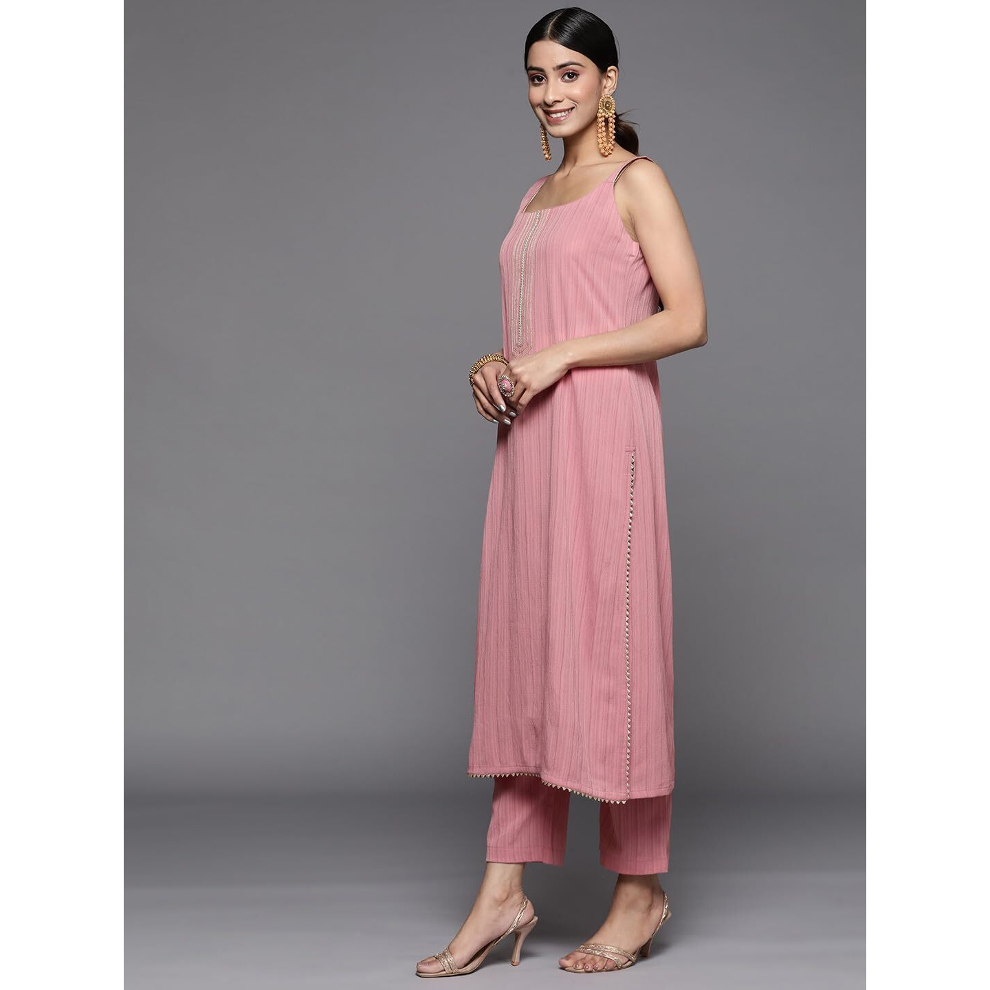 Varanga Women Mauve Straight Kurta With Tonal Bottom And Dupatta, Lace And Gotta Detailing On Yoke, Spaghetti Strap Design
