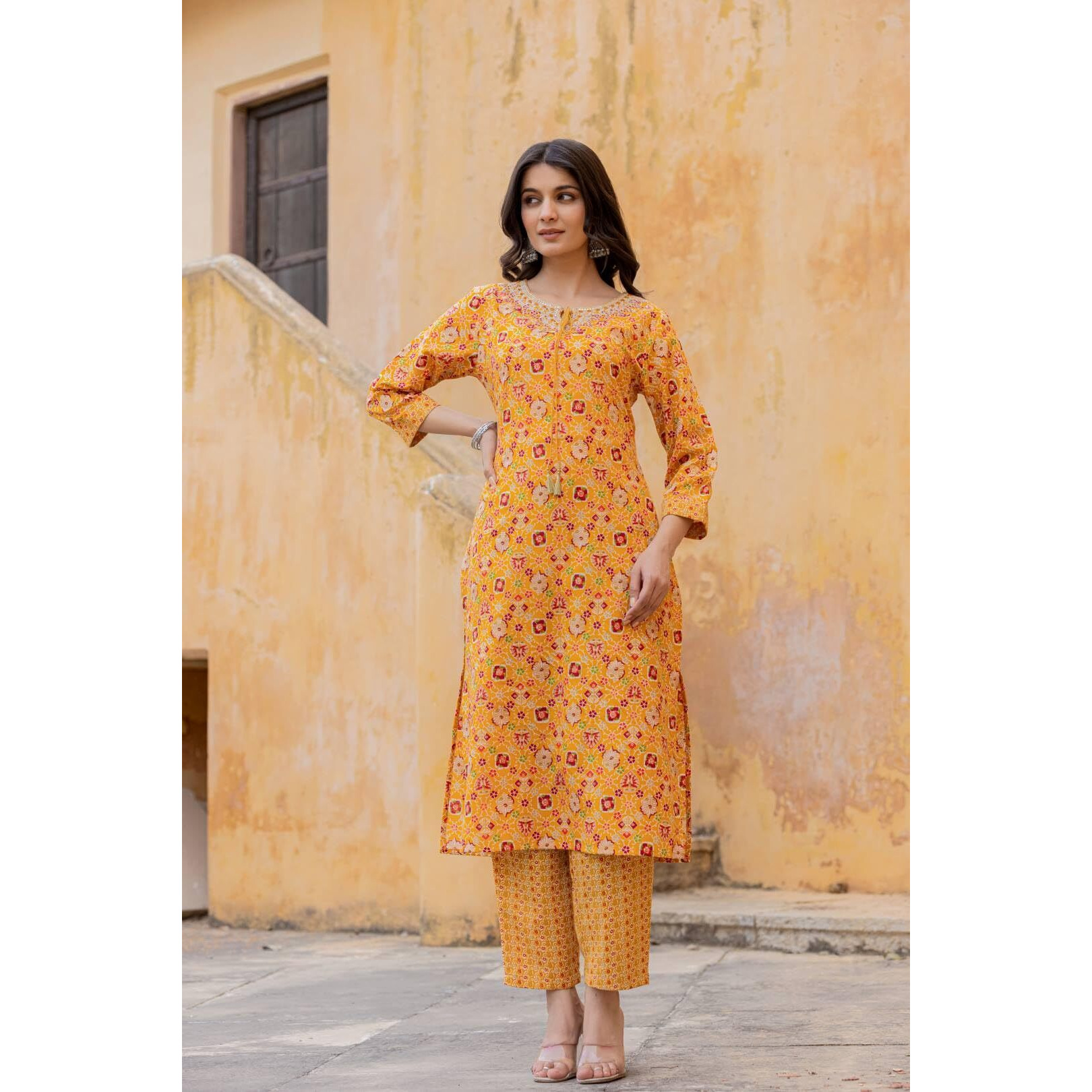 Varanga Women Pink Straight Kurta Paired With Tonal Kurta Bottom Set