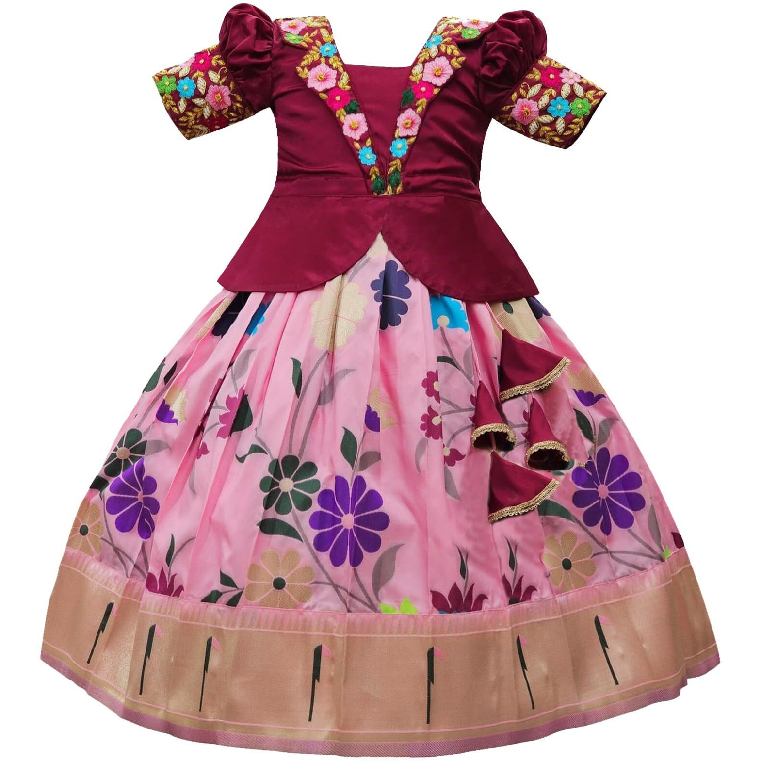White Button New South Indian Traditional Collar Digital Pattu Pavadai Lehenga Choli For Girls Dress (7-8 Years, Maroon,Peach) | Material Satin | Finish Type Readymade