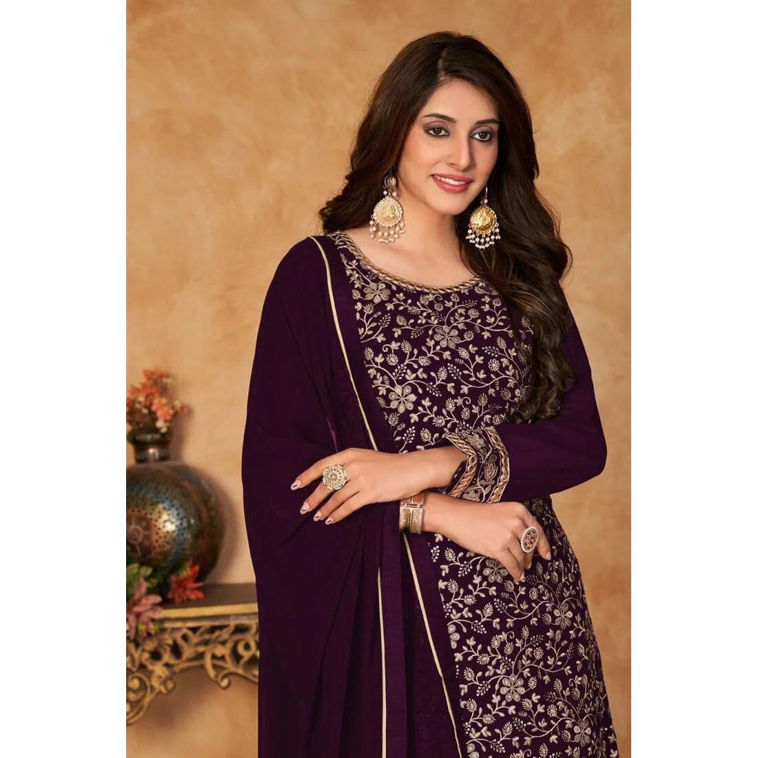 Xomantic Fashion Women's Embroidered Georgette Pakistani Suit Salwar Kamez Dupatta Set (Large, Dark Wine)