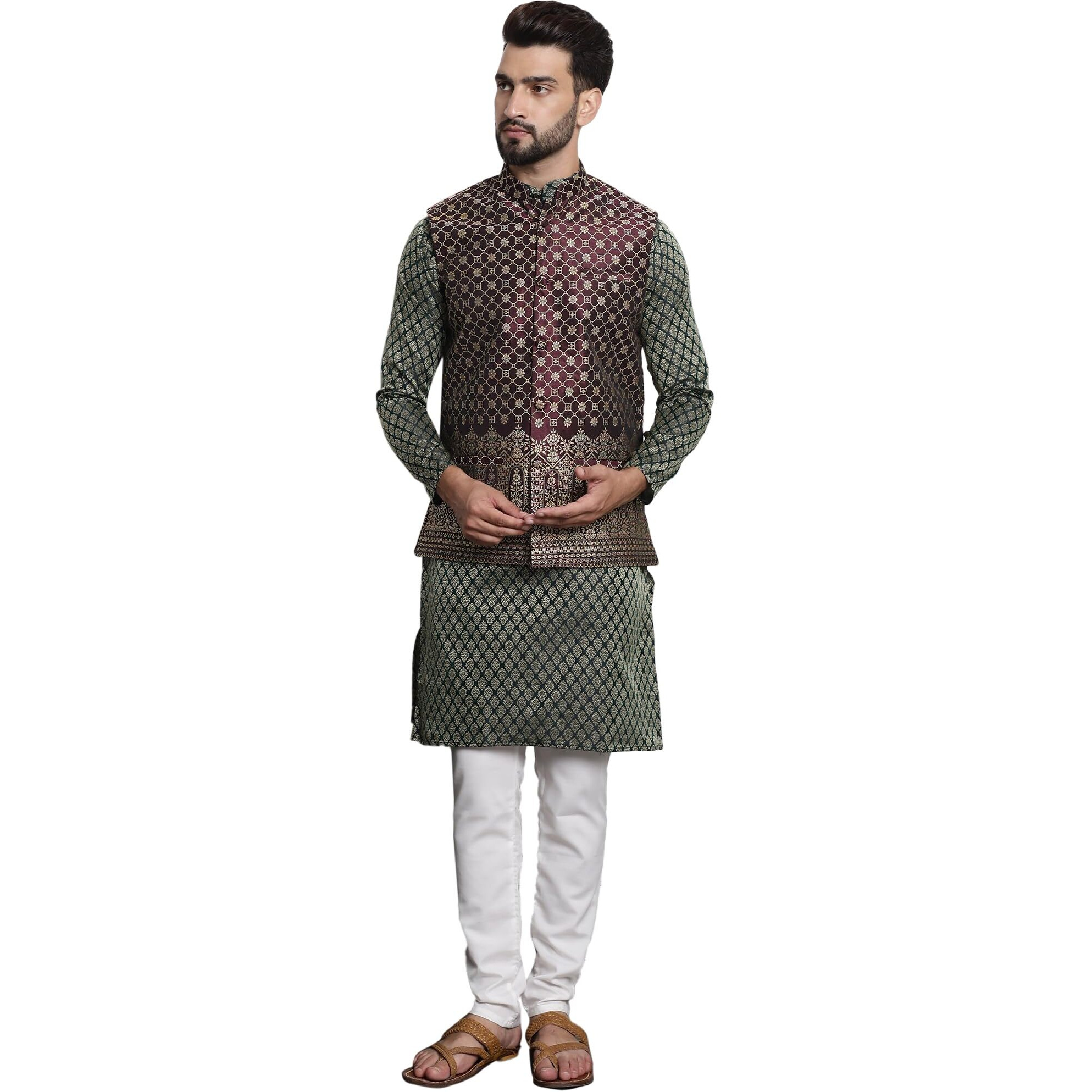 Sojanya (Since 1958 Men's Jacquard Silk Dark Green Kurta And Cream Pyjama With Wine Nehrujacket