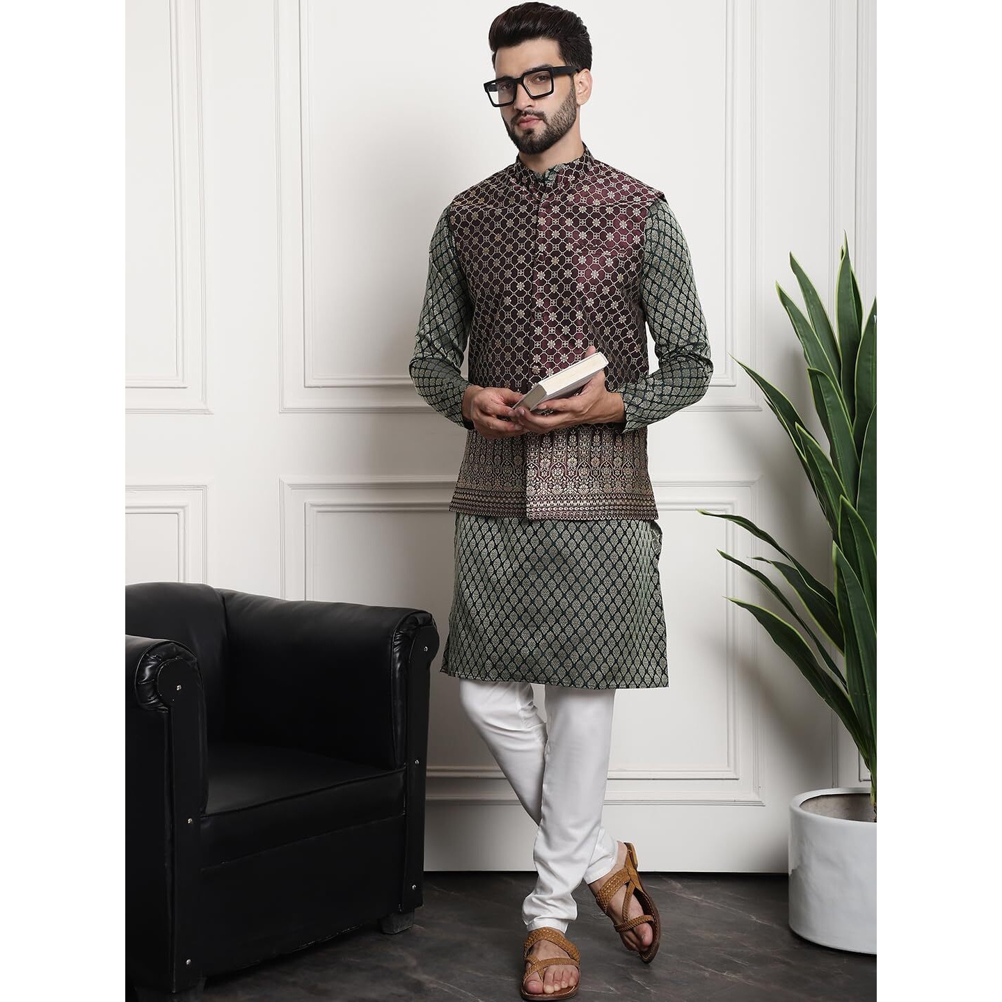 Sojanya (Since 1958 Men's Jacquard Silk Dark Green Kurta And Cream Pyjama With Wine Nehrujacket