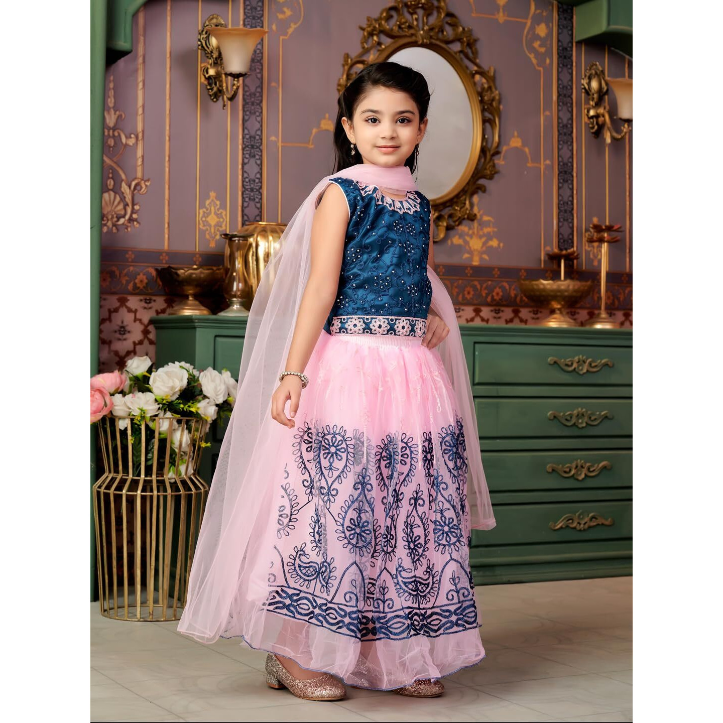 Aarika Girls Ethnic Wear Teal-Pink Colour Thread Embroidery Net Lehenga Choli Set With Dupatta-3-9 Years (Lch-Shm-1527)