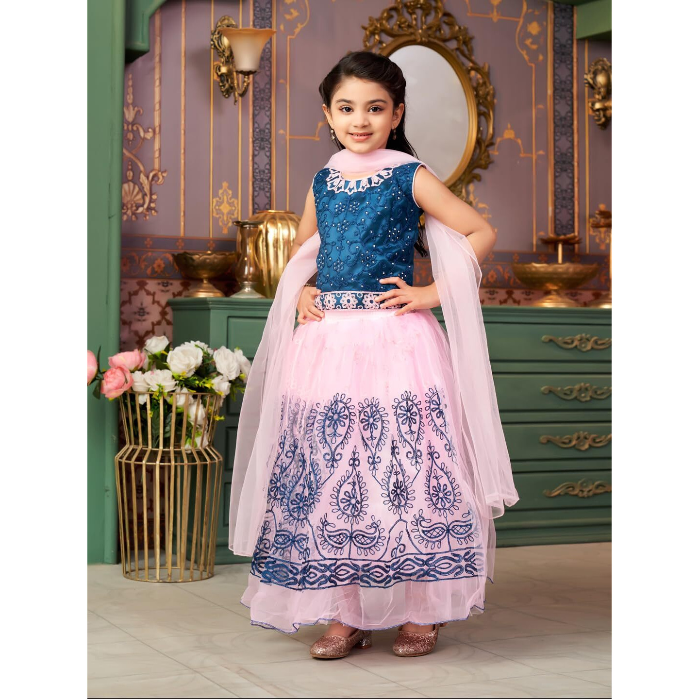 Aarika Girls Ethnic Wear Teal-Pink Colour Thread Embroidery Net Lehenga Choli Set With Dupatta-3-9 Years (Lch-Shm-1527)