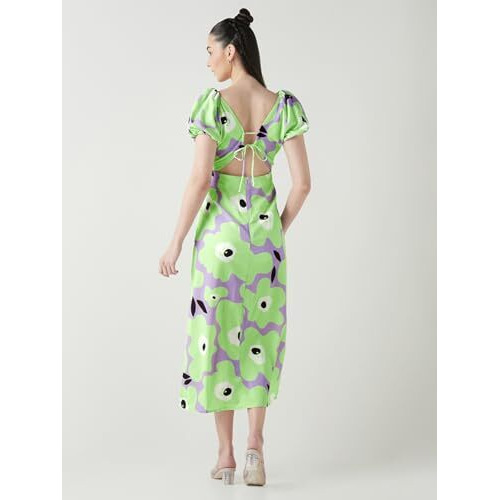 Bewakoof Women's All Over Printed Oversized Fit Half Sleeve V-Neck Poly Blend Dress_635471_Green_M
