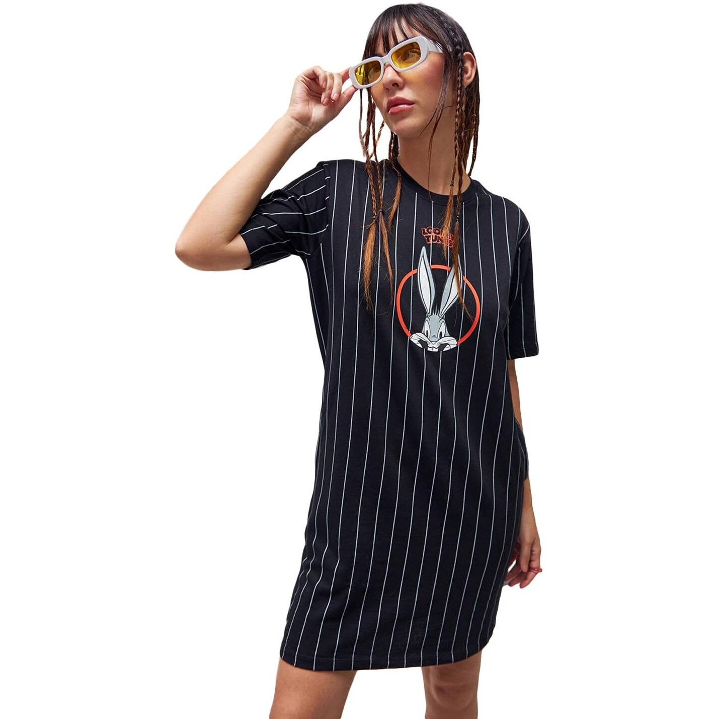 Bewakoof Heavy Duty 1.0 Official Looney Tunes Merchandise Women's Graphic Printed Oversized T-Shirt Dress_589791_Black_M