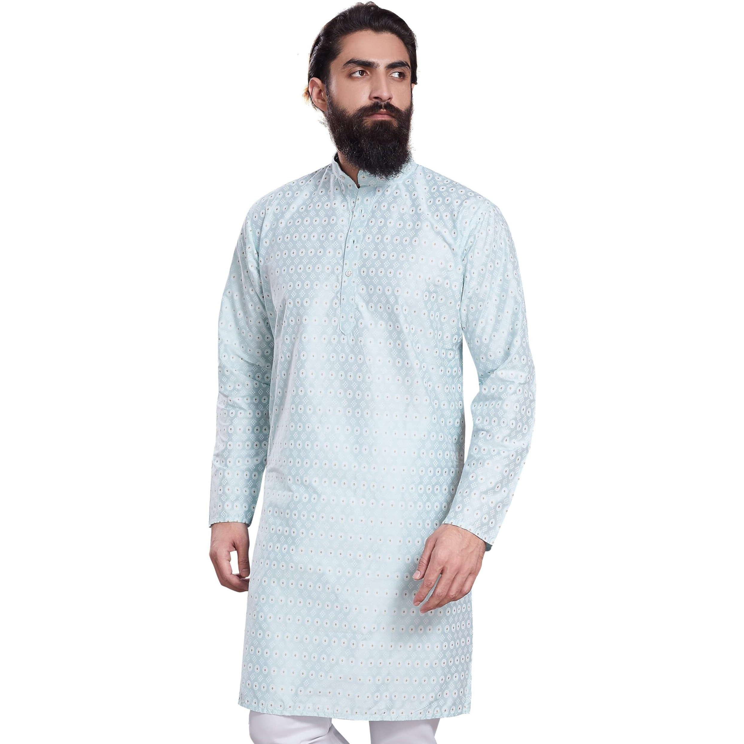 Divisive Men's Printed Cotton Silk Blend Only Slim Fit Kurta (Dkrt216_L_Sky Blue)