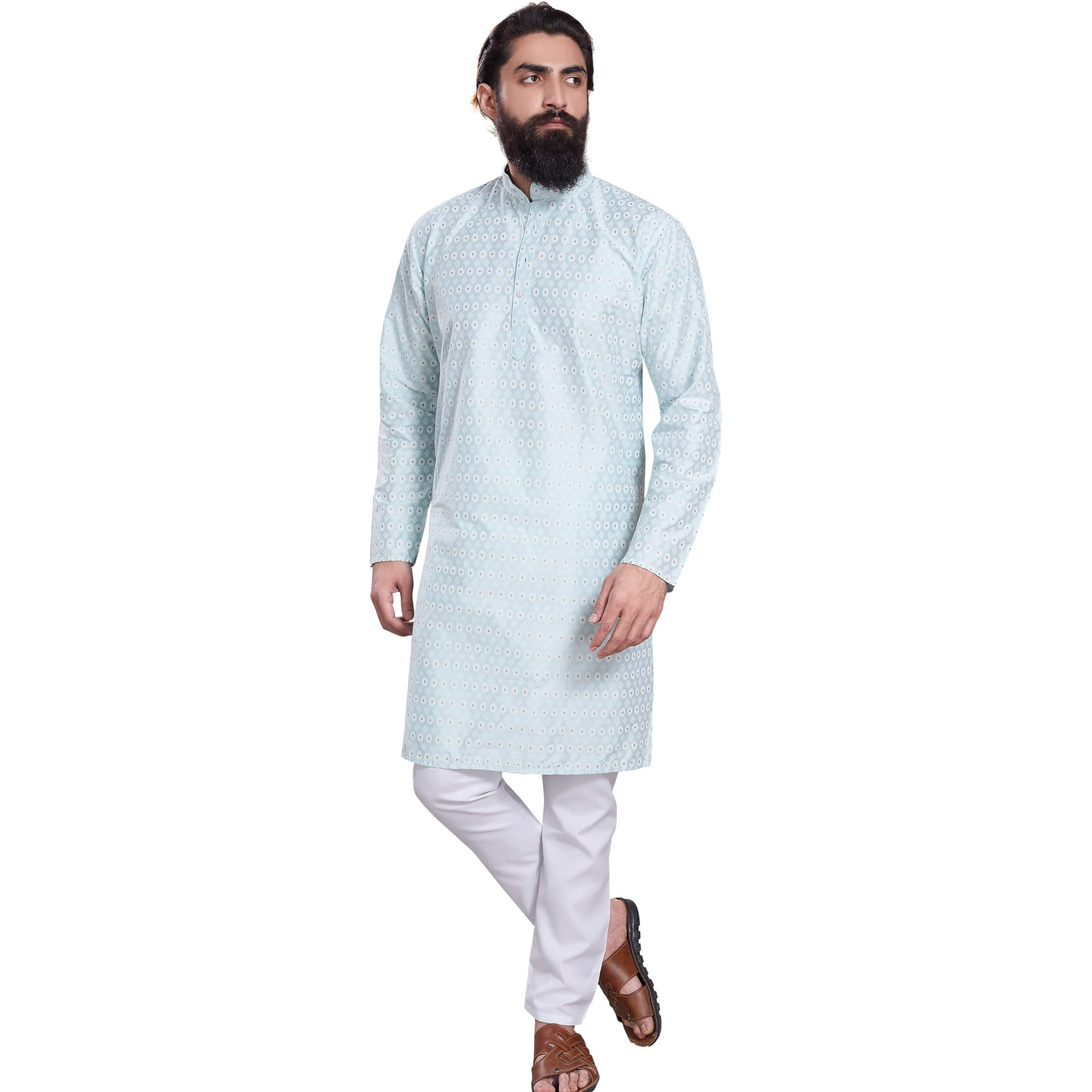 Divisive Men's Printed Cotton Silk Blend Only Slim Fit Kurta (Dkrt216_L_Sky Blue)