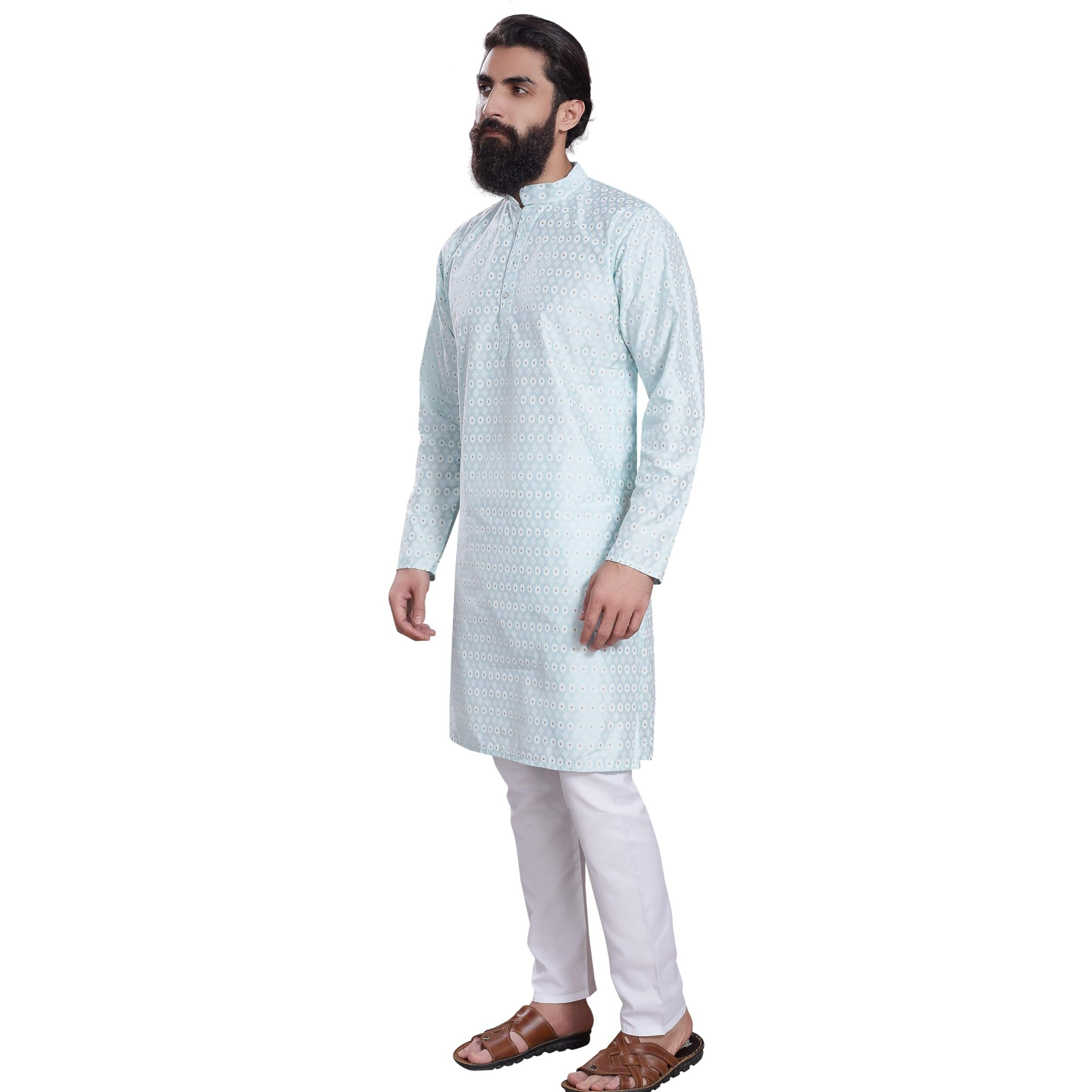 Divisive Men's Printed Cotton Silk Blend Only Slim Fit Kurta (Dkrt216_L_Sky Blue)