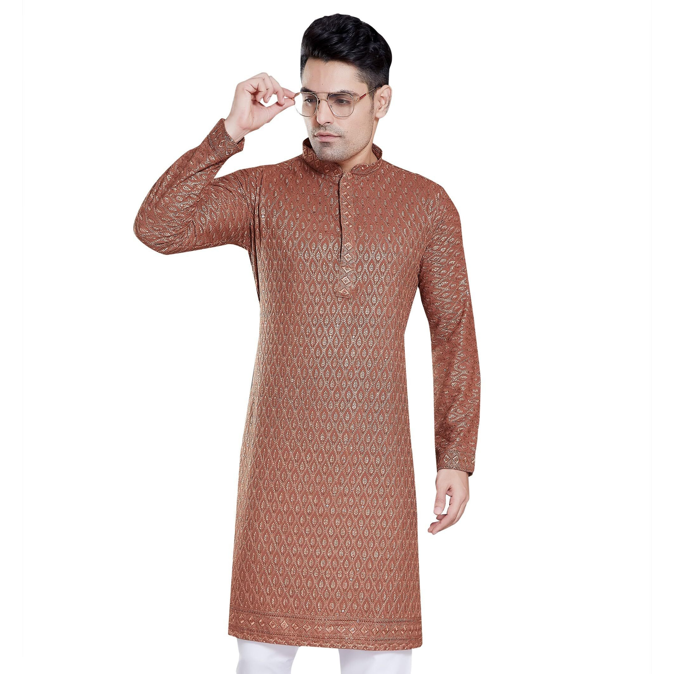 Divisive Men's Sequince Embroidered Cotton Blend Only Slim Fit Kurta (Dkrt110_Xl_Chiku)