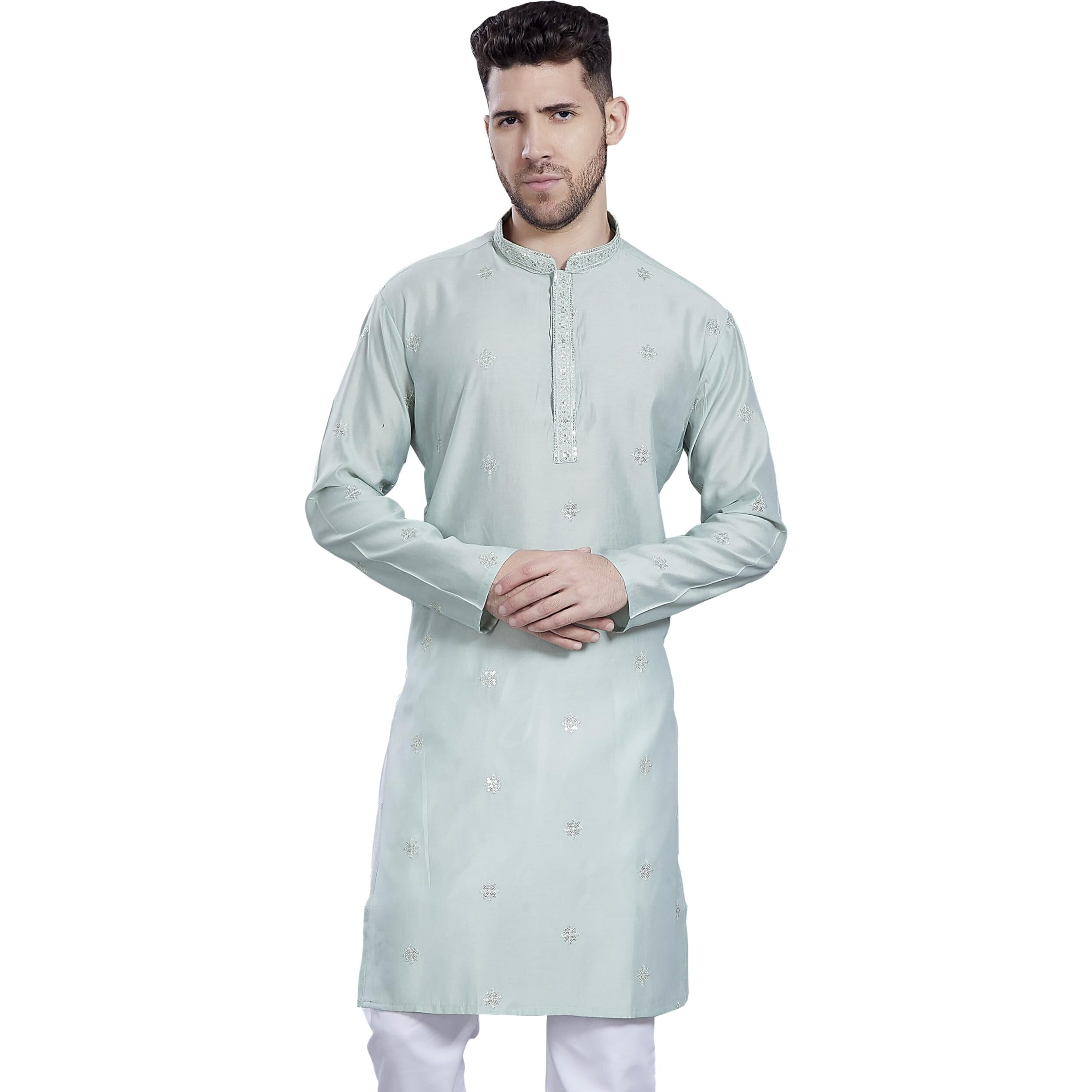 Divisive Men's Embroidered Silk Blend Only Slim Fit Kurta (Dkrt829_S_Pista)