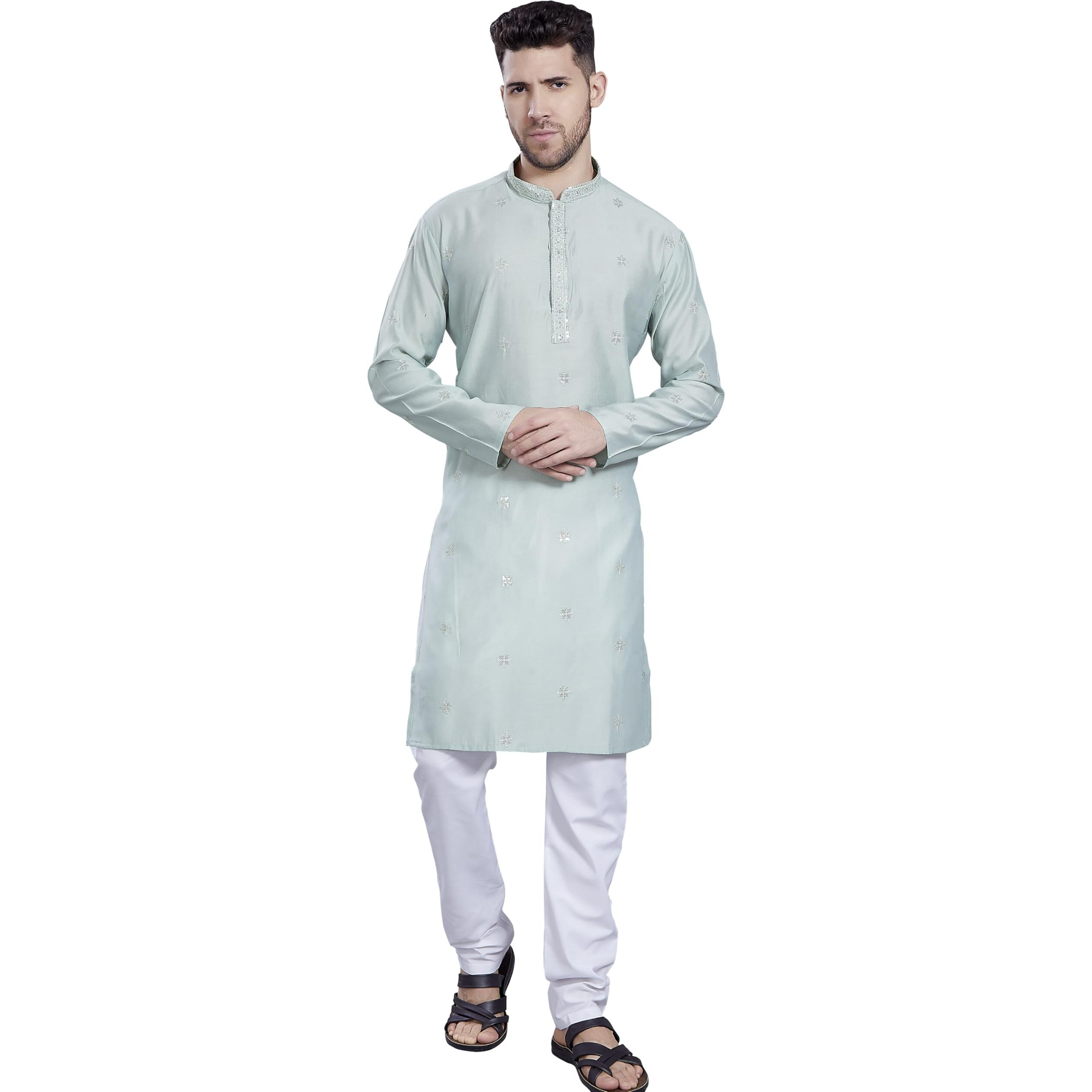 Divisive Men's Embroidered Silk Blend Only Slim Fit Kurta (Dkrt829_S_Pista)