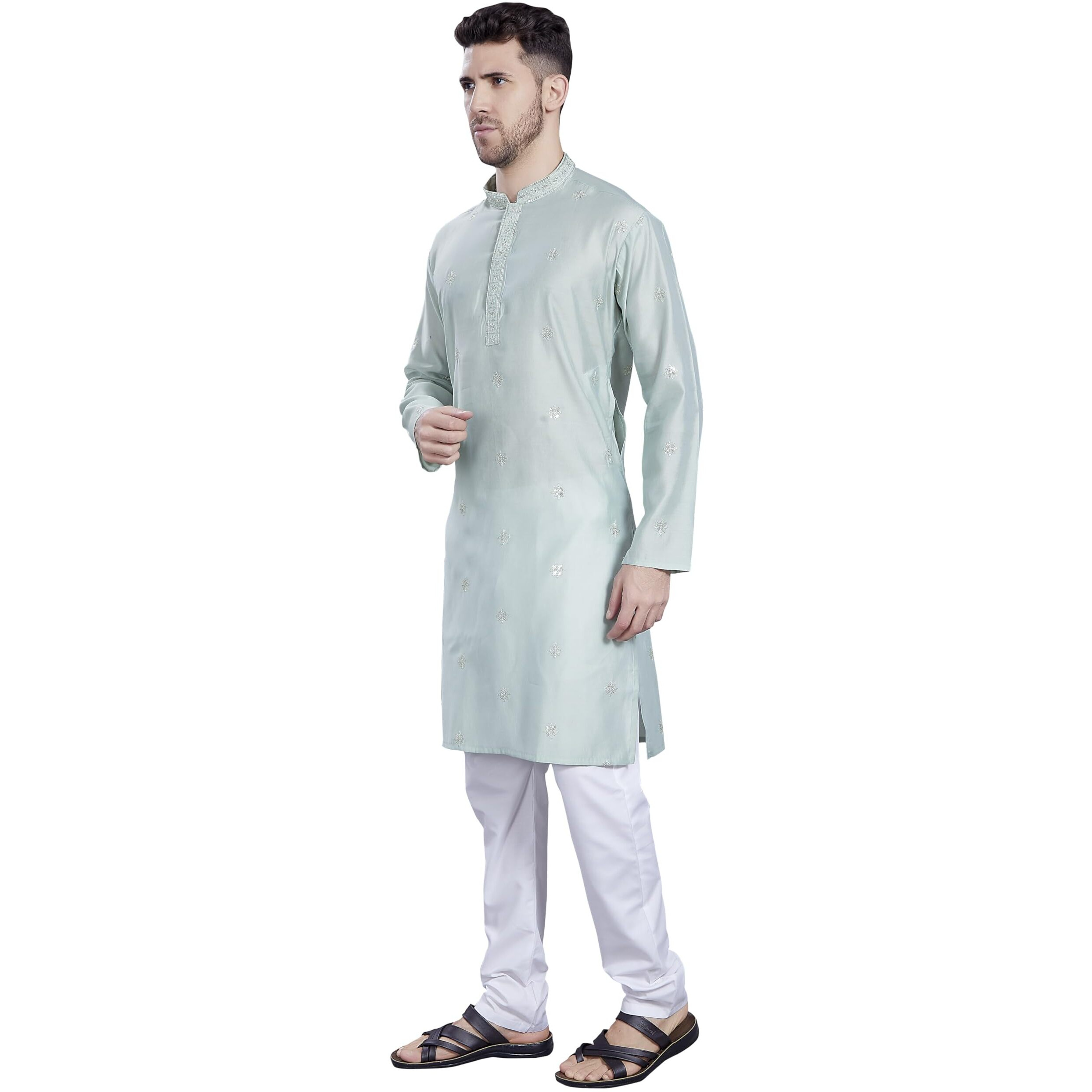 Divisive Men's Embroidered Silk Blend Only Slim Fit Kurta (Dkrt829_S_Pista)