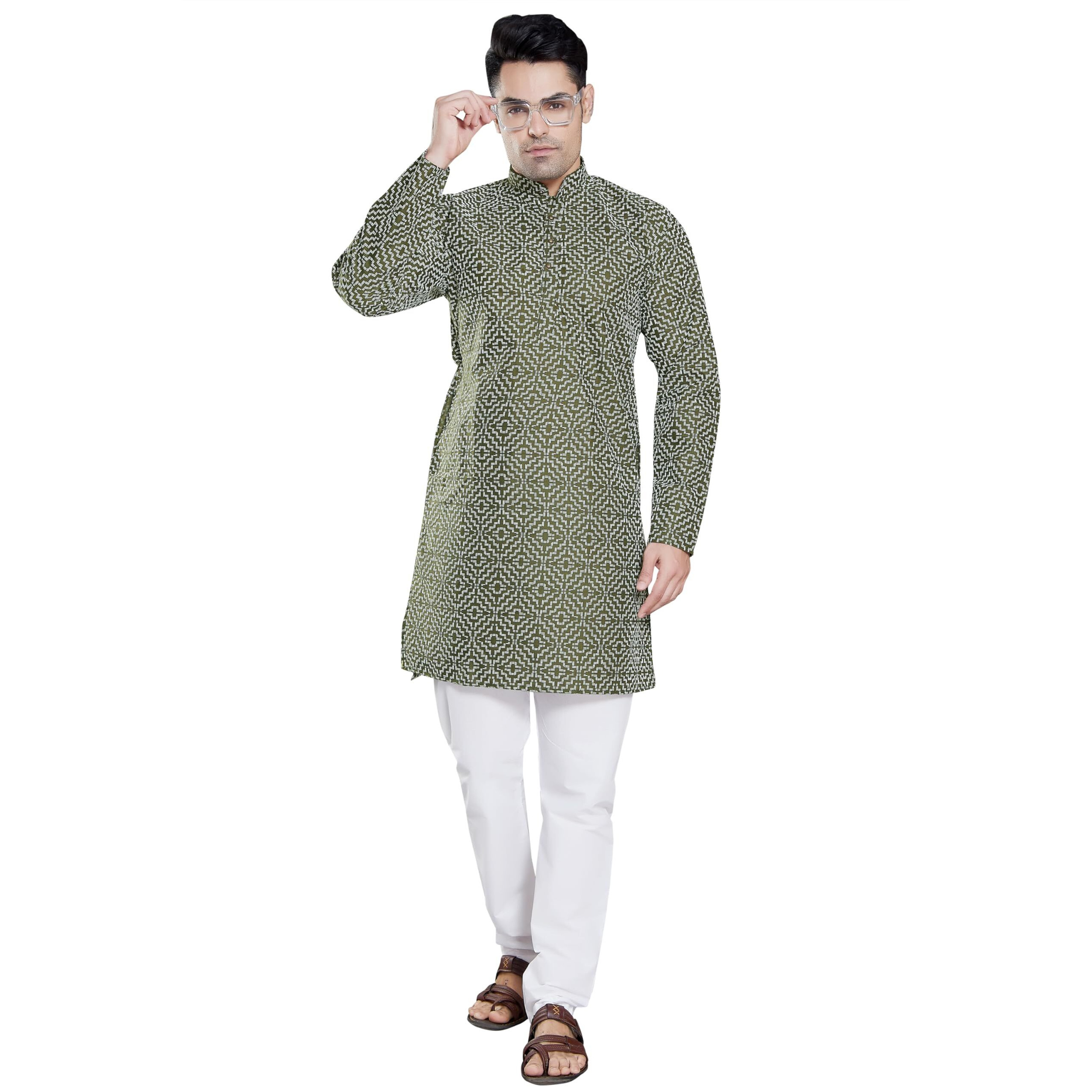 Divisive Men's Khaddi Printed Cotton Blend Slim Fit Kurta Pyjama Set (Dkrt96_M_Mehendi)