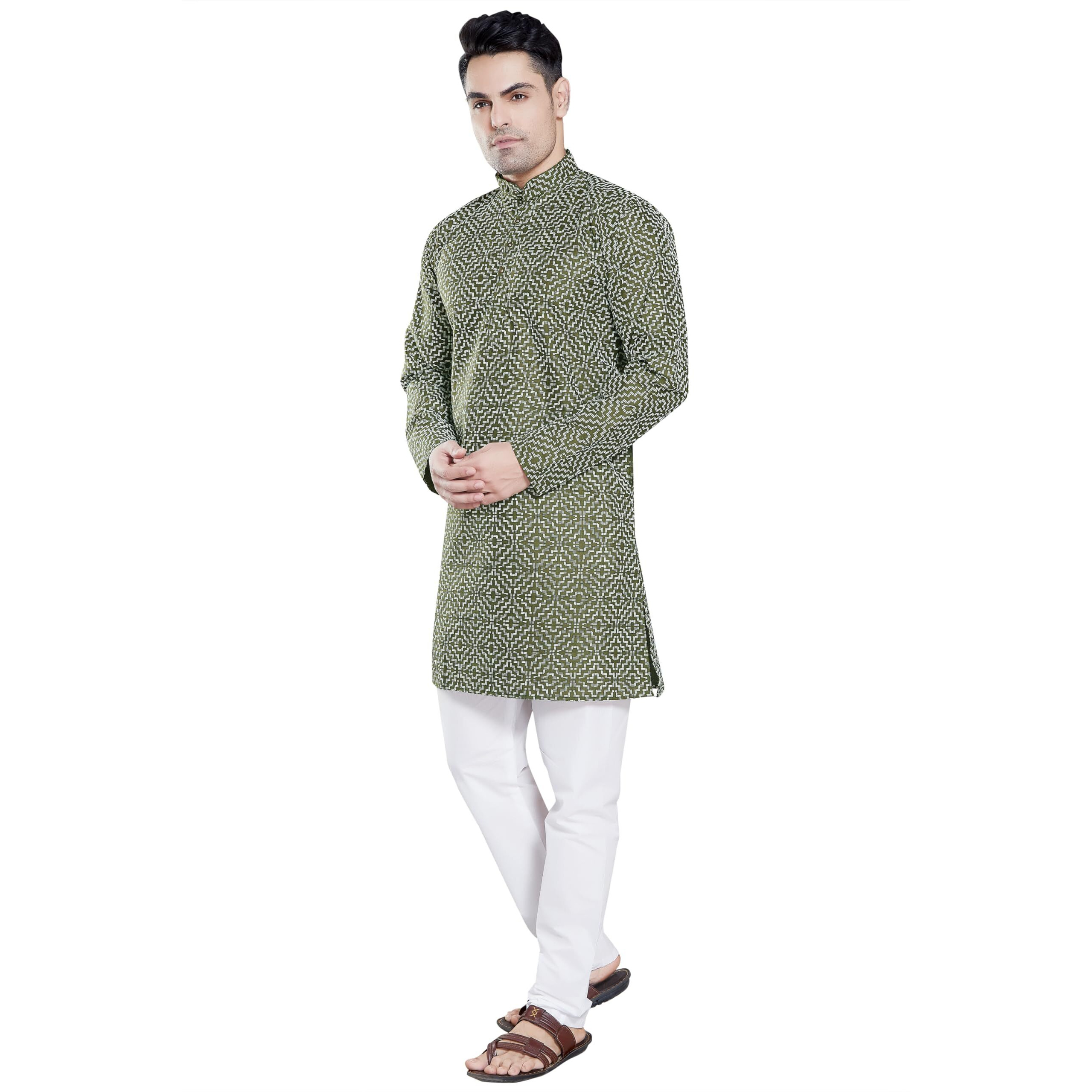 Divisive Men's Khaddi Printed Cotton Blend Slim Fit Kurta Pyjama Set (Dkrt96_M_Mehendi)