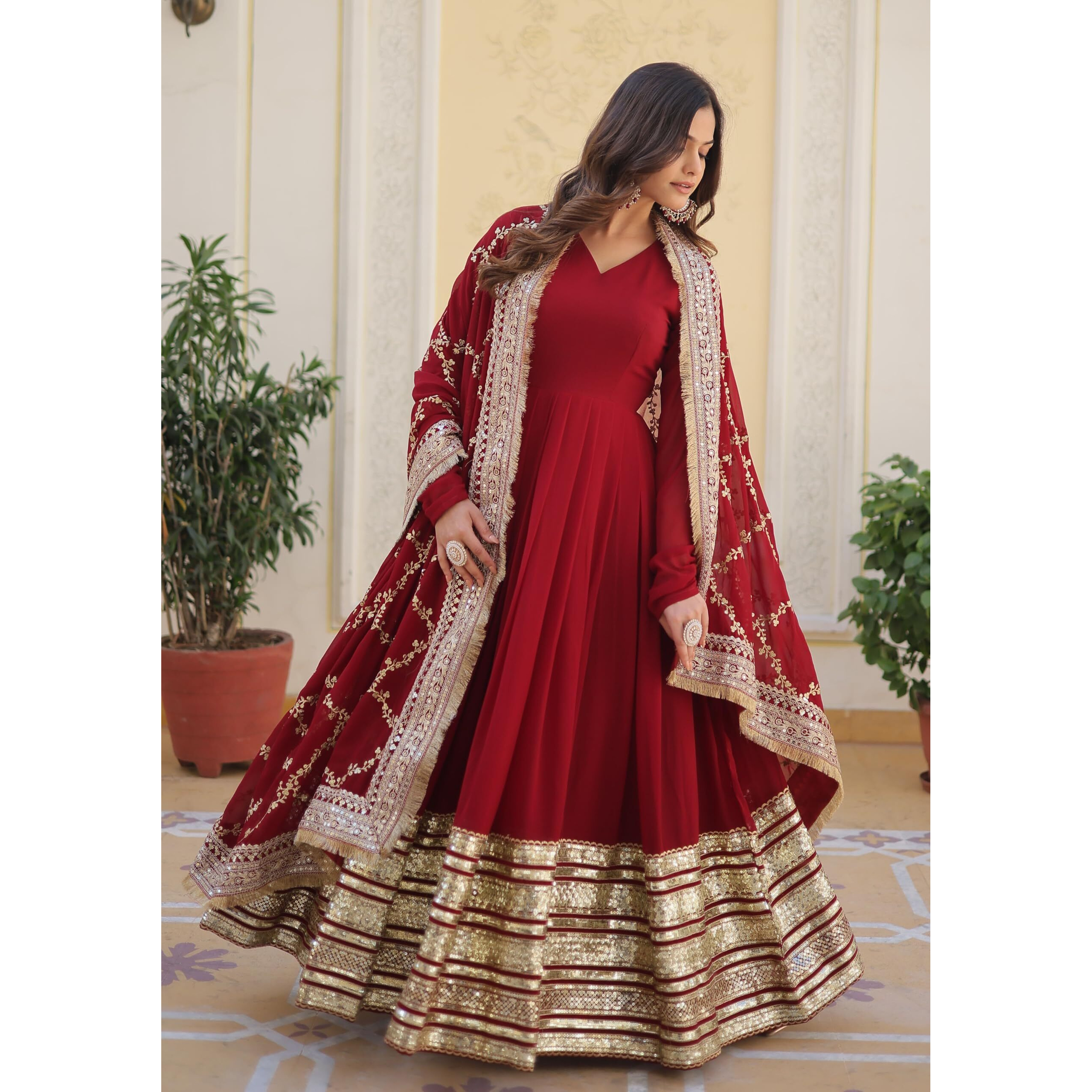 Fashion Basket Women's Red Georgette Solid Anarkali Dress