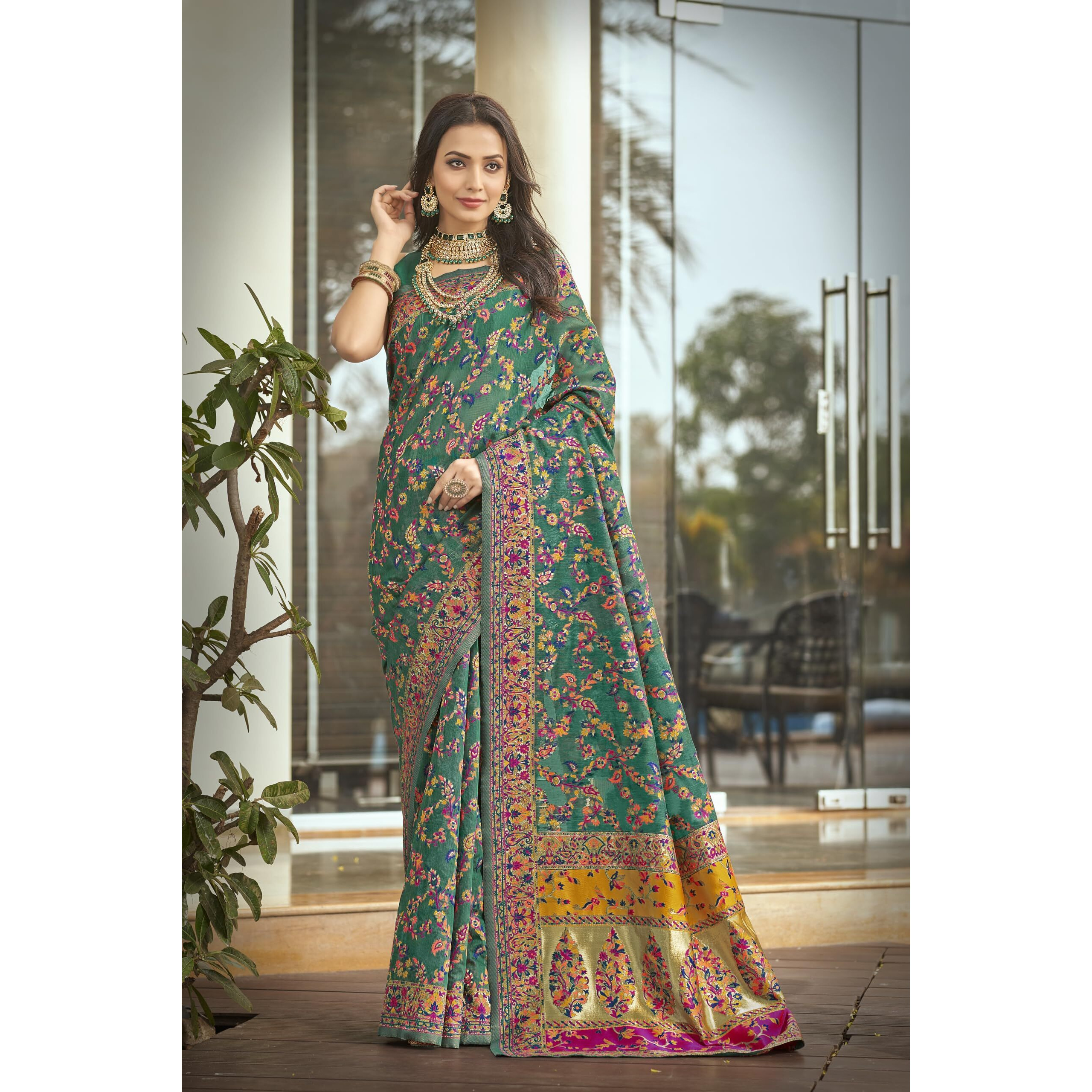 Glory Sarees Women's Kashmiri Cotton Woven Saree With Blouse Piece (Heritage_Silk111_Rama)