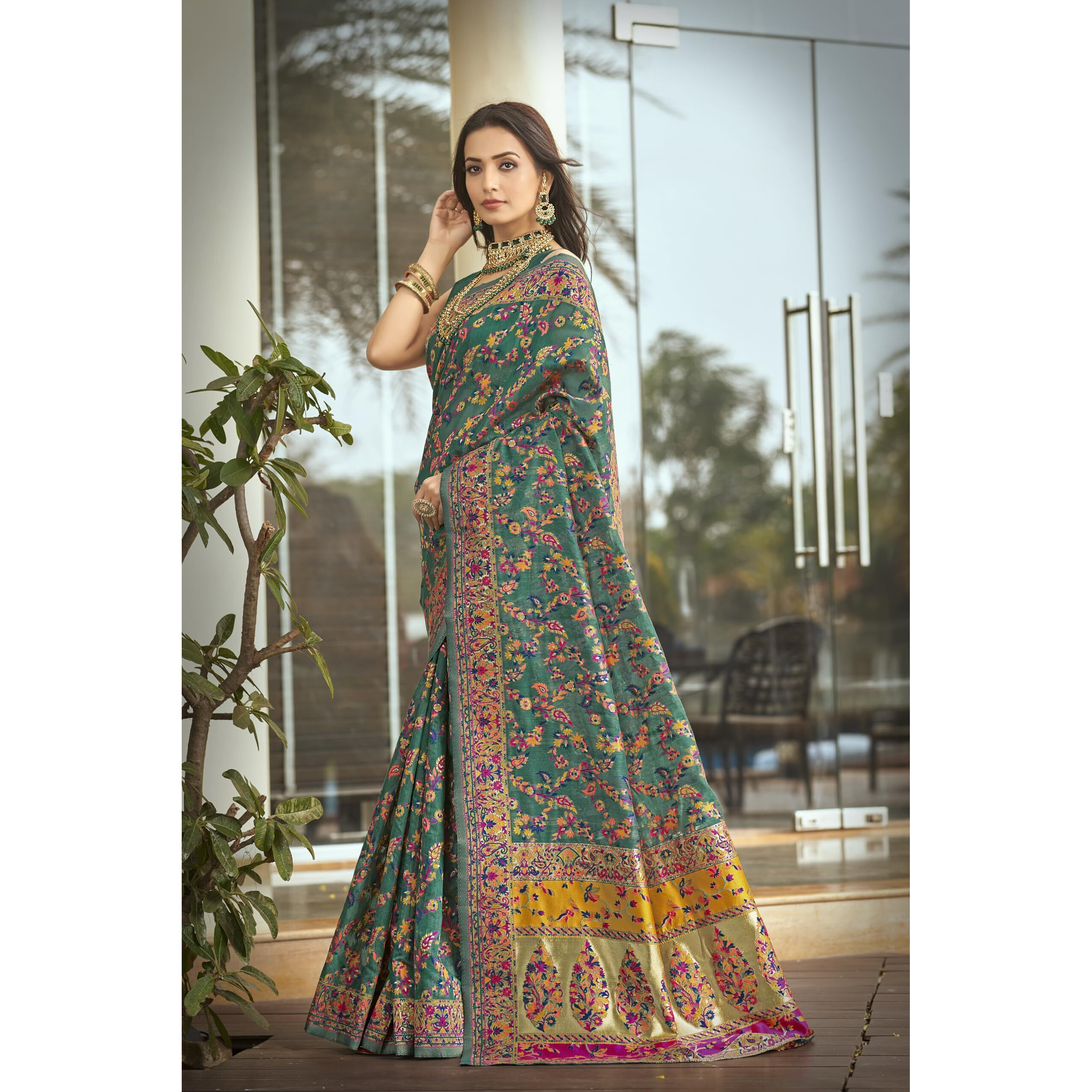 Glory Sarees Women's Kashmiri Cotton Woven Saree With Blouse Piece (Heritage_Silk111_Rama)