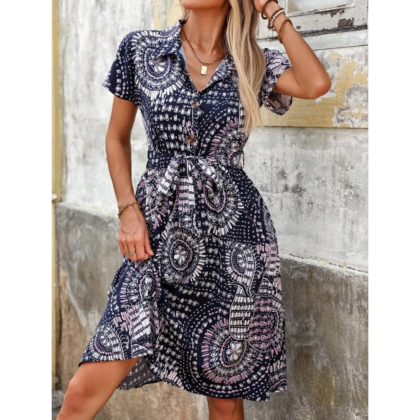 Gufrina Dresses For Women || Short Sleeve ||All Over Geometric Print|| Collar-Neck And Regular Sleeves || Front Open Button & High Waist Belted || Knee Length (Blue Xl)