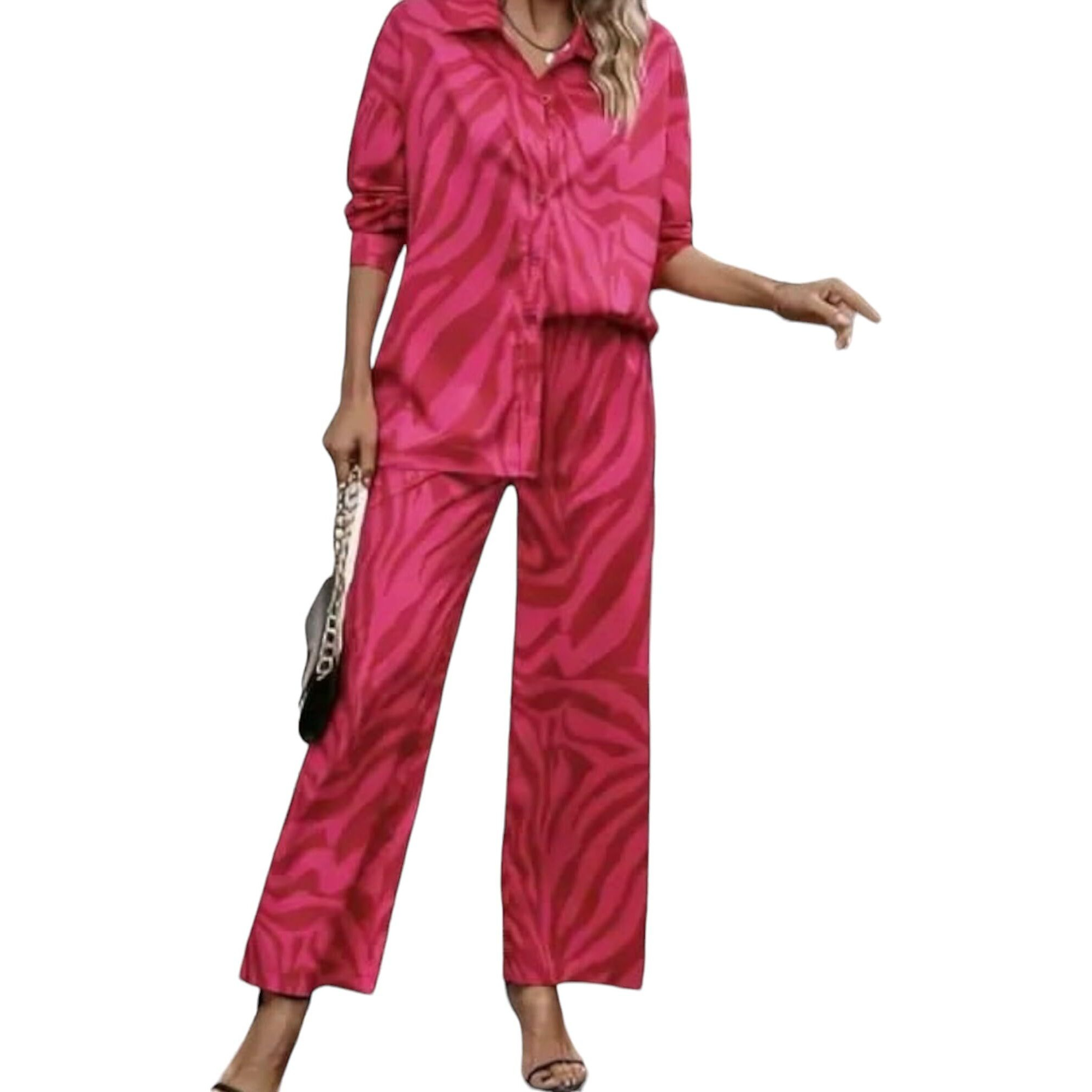 Gufrina Women's Co-Ords Set - Pink Zebra Print Shirt Collar Button-Down Top And Wide-Leg Pants, Rayon Fabric (Pink Xl)